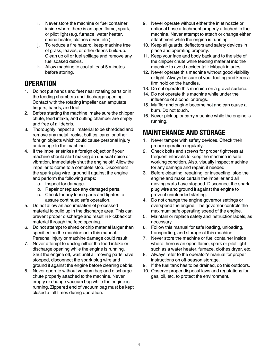 Bolens 24A-060F063 manual Operation, Maintenance and Storage 