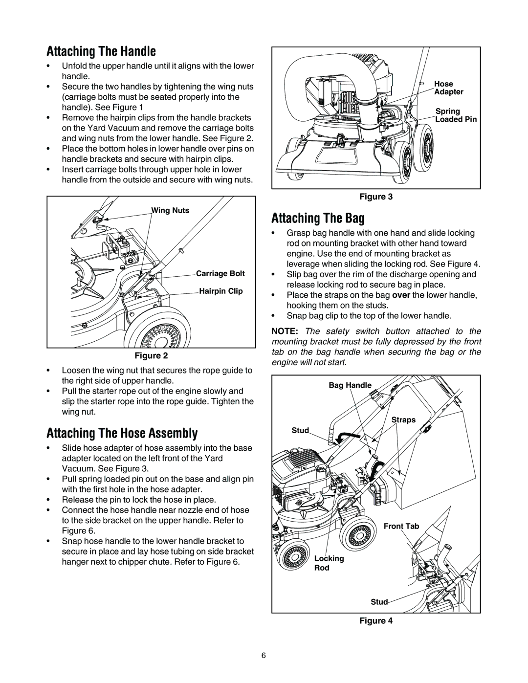 Bolens 24A-060F063 manual Attaching The Handle, Attaching The Hose Assembly, Attaching The Bag 