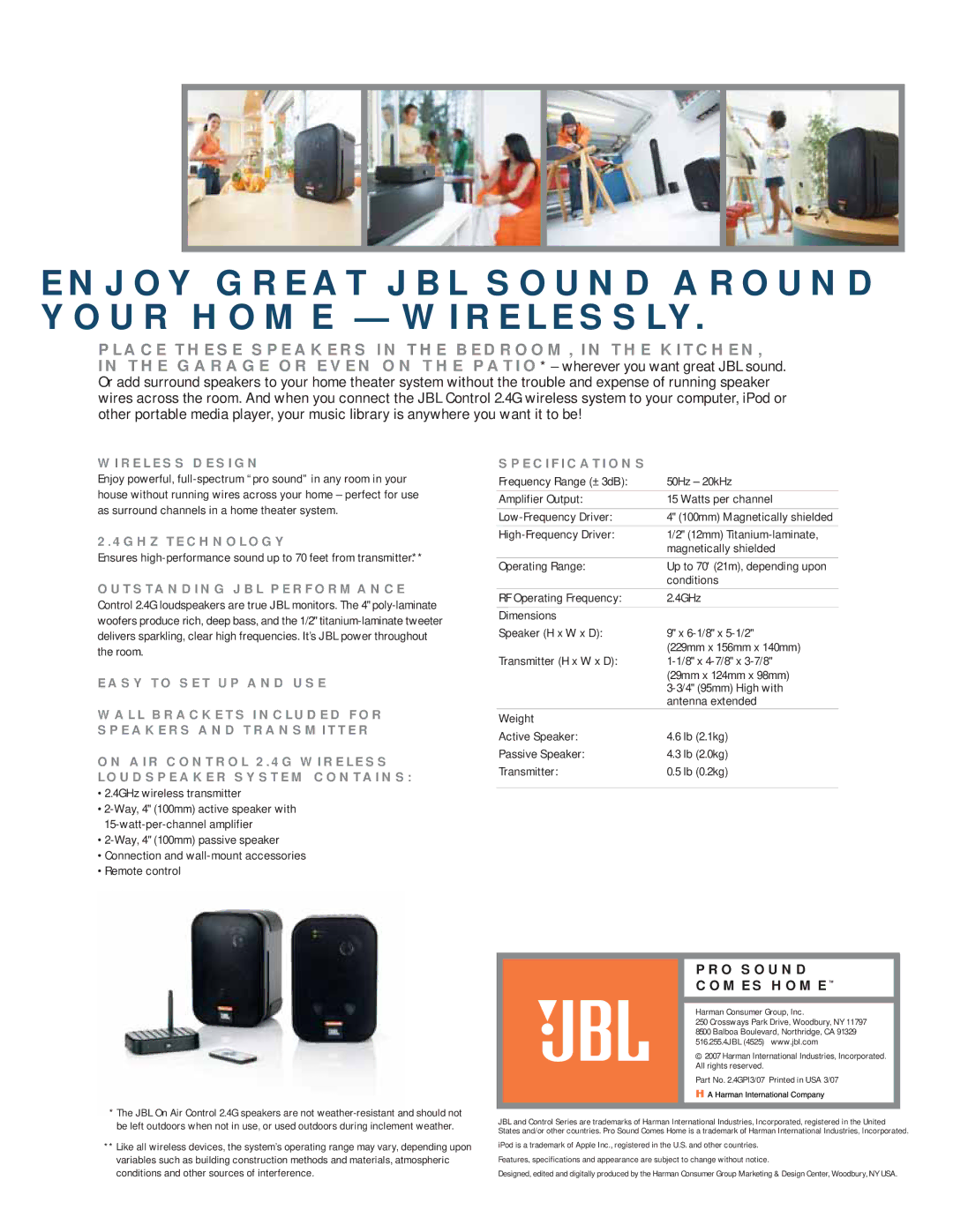 Bolens 2.4G manual Enjoy Great JBL Sound around Your Home Wirelessly, Wireless Design, 4GHZ Technology, Specifications 