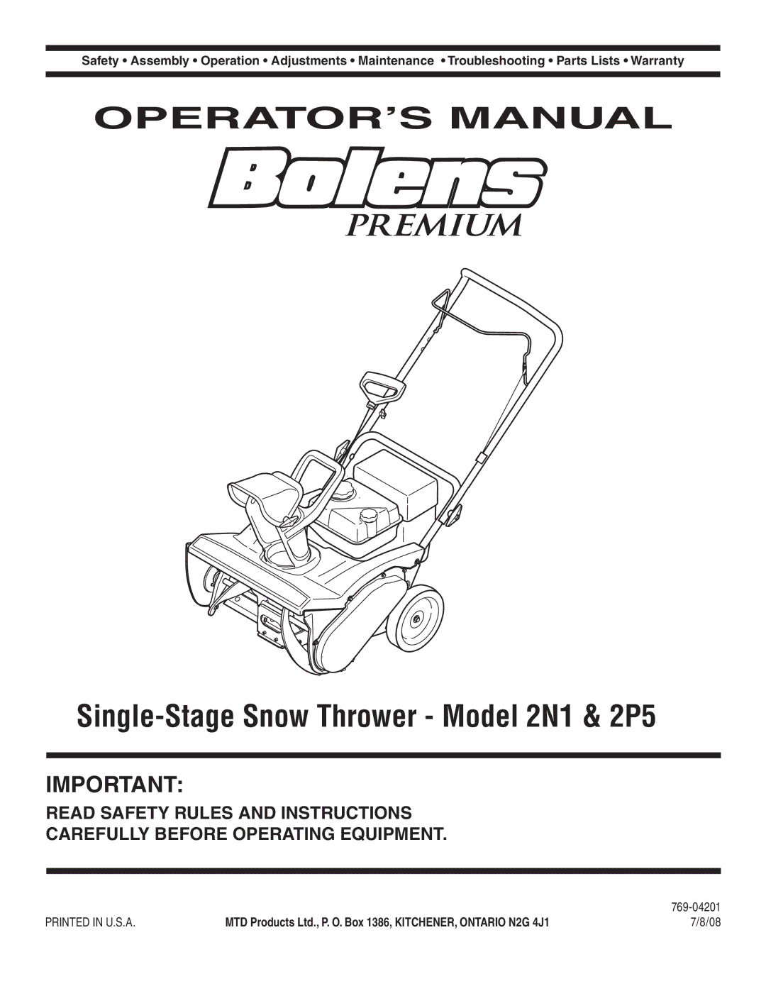 Bolens 2N1, 2P5 warranty OPERATOR’S Manual, 769-04201 