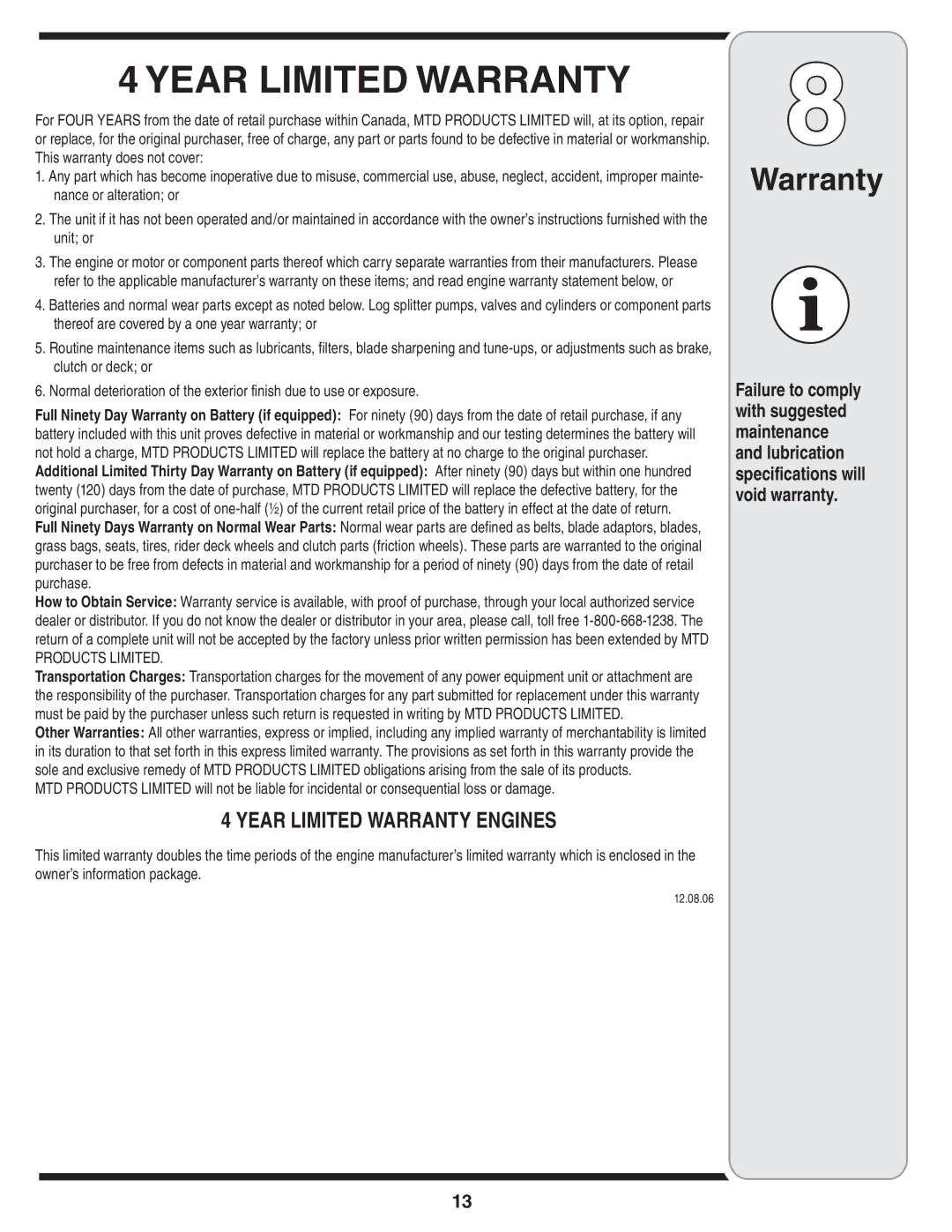 Bolens 2N1, 2P5 warranty Warranty, 12.08.06 