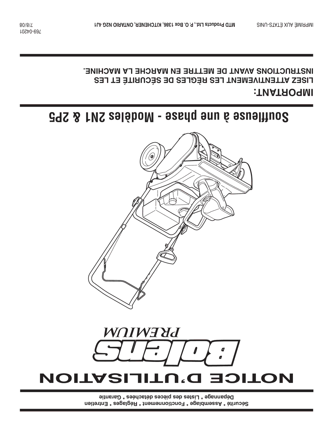 Bolens 2P5, 2N1 warranty ’UTILISATION Notice, 04201-769 