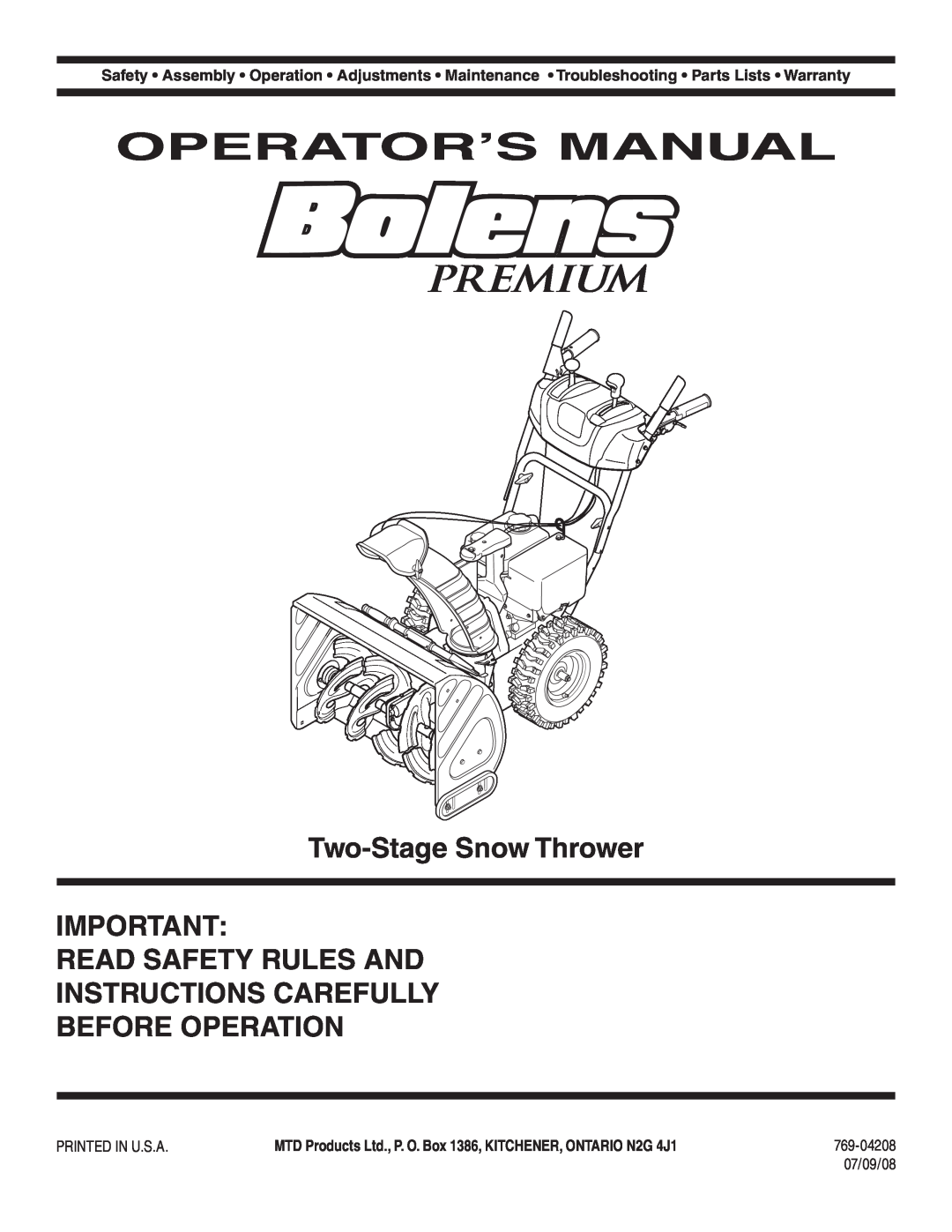 Bolens 31AE6GKF500 warranty Operator’S Manual, Two-Stage Snow Thrower 