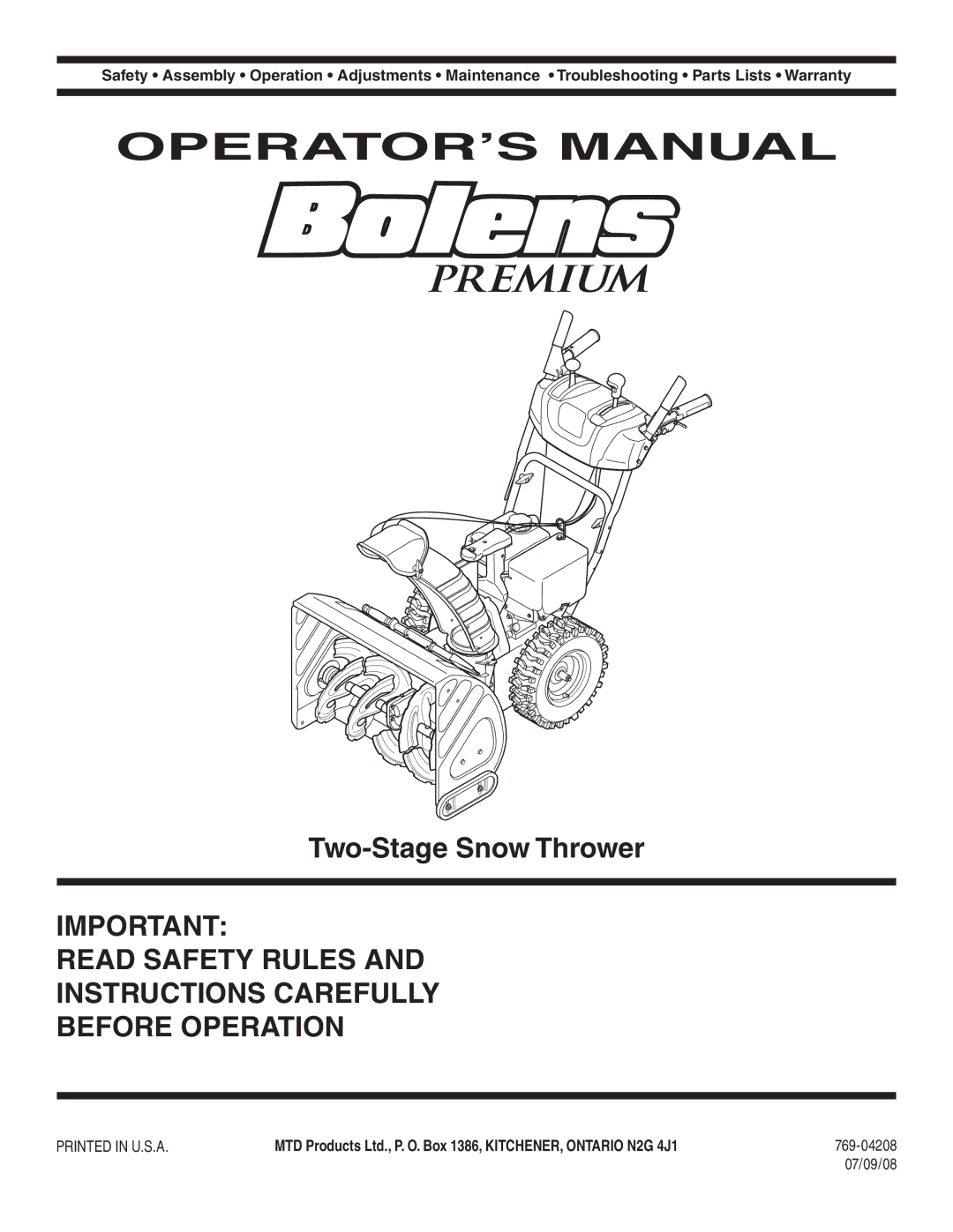 Bolens 31AE6GKF500 warranty Two-Stage Snow Thrower, 769-04208, 07/09/08 