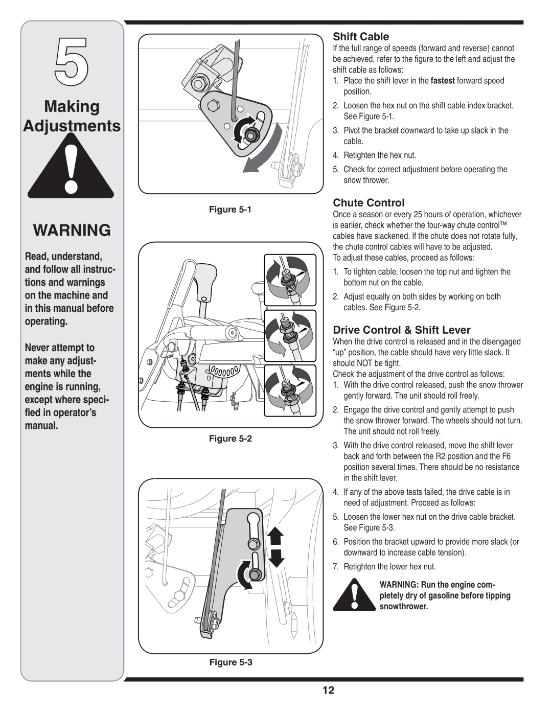 Bolens 31AE6GKF500 warranty Making Adjustments, Shift Cable, Chute Control, Drive Control & Shift Lever 