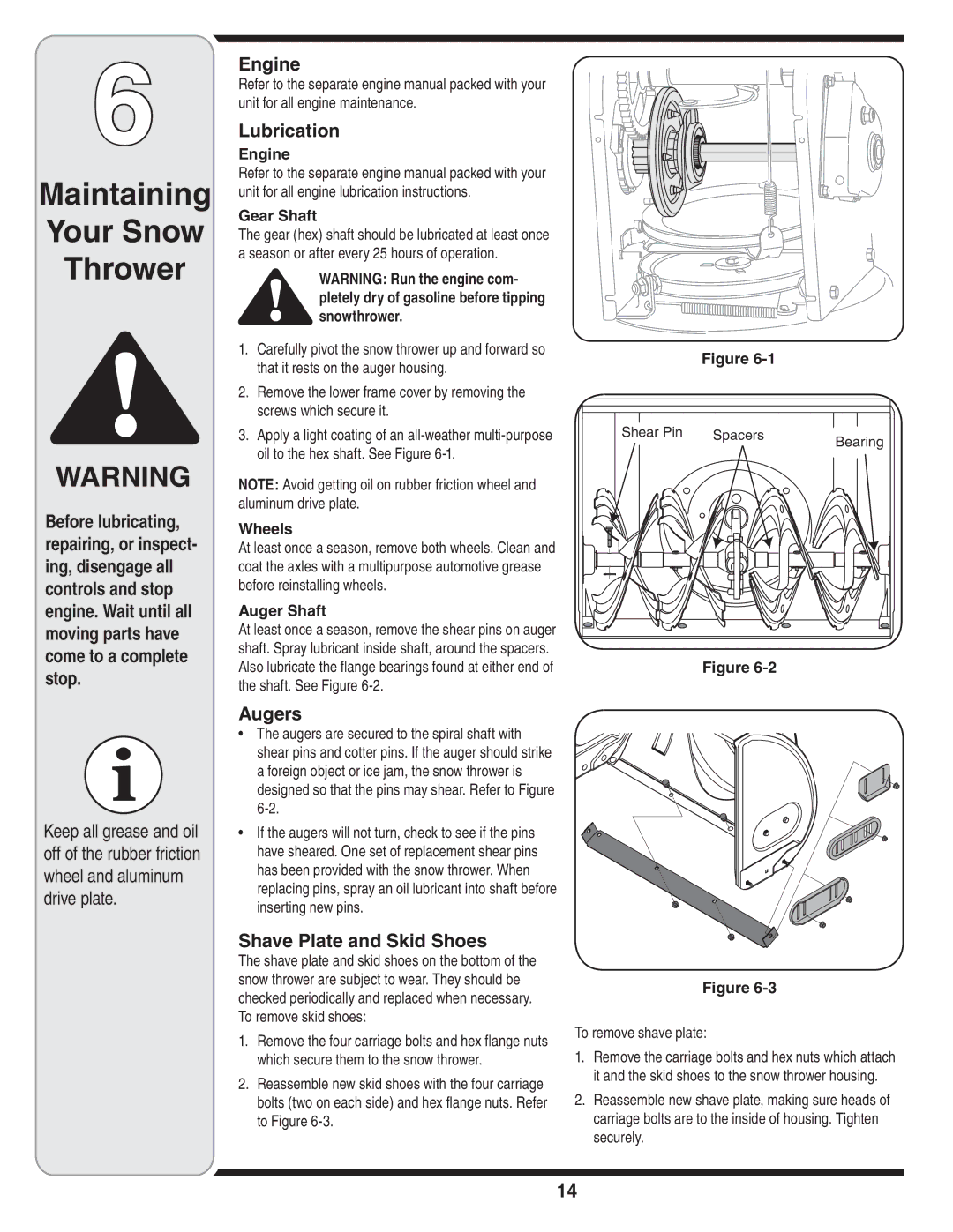 Bolens 31AE6GKF500 warranty Maintaining Your Snow Thrower, Engine, Lubrication, Augers, Shave Plate and Skid Shoes 