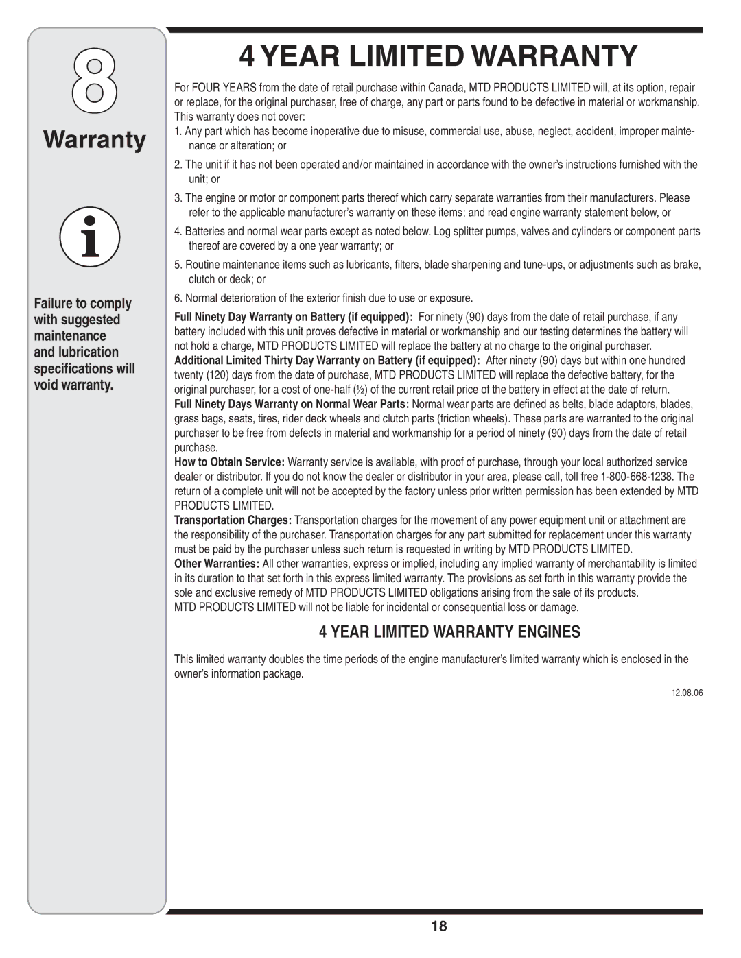 Bolens 31AE6GKF500 warranty Warranty, 12.08.06 