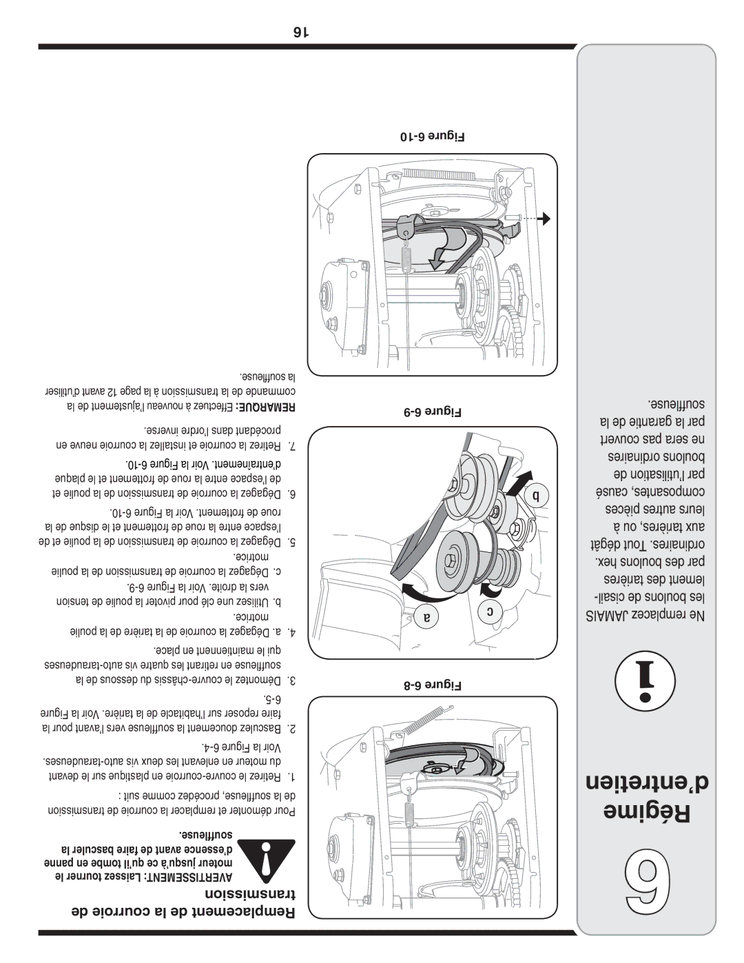 Bolens 31AE6GKF500 warranty Transmission de courroie la de Remplacement, Souffleuse 