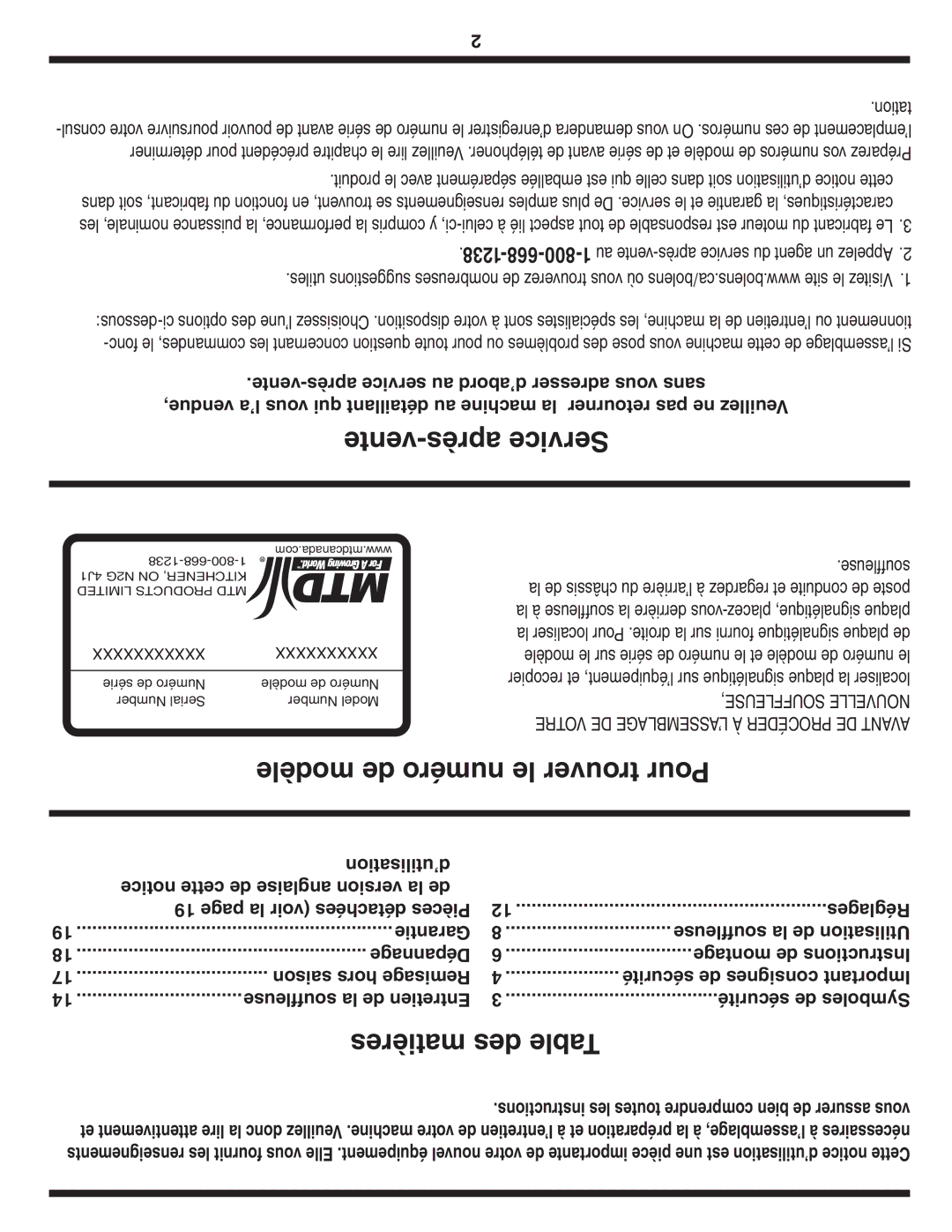 Bolens 31AE6GKF500 Vente-après Service, Modèle de numéro le trouver Pour, Matières des Table, Souffleuse la de Entretien 