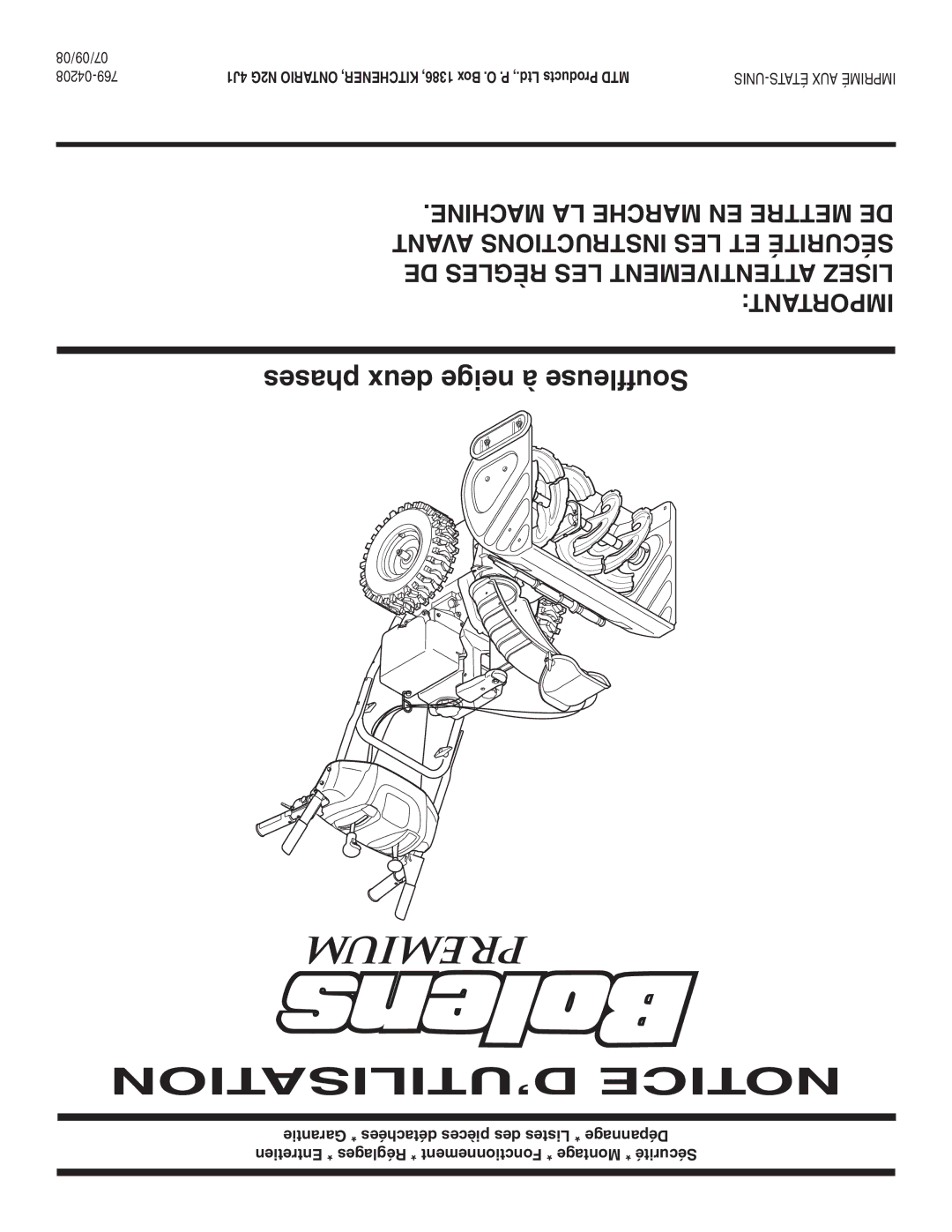 Bolens 31AE6GKF500 warranty Phases deux neige à Souffleuse, 07/09/08 04208-769 