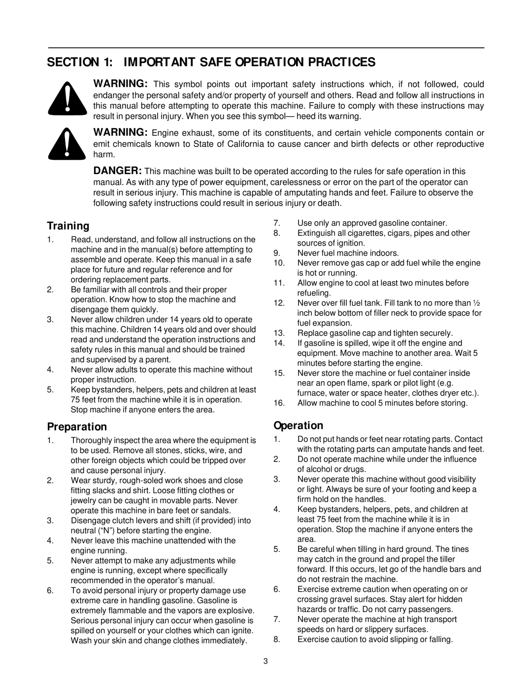 Bolens 330, 350E, 300E, 520, 225E, 500E manual Important Safe Operation Practices, Training, Preparation 