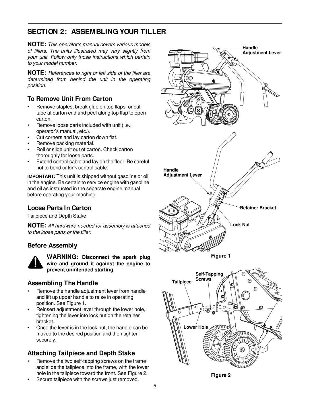 Bolens 500 Assembling Your Tiller, To Remove Unit From Carton, Loose Parts In Carton, Attaching Tailpiece and Depth Stake 