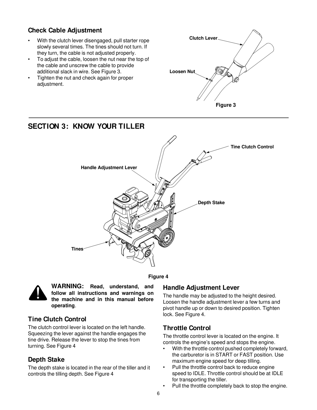 Bolens 350E, 300E Know Your Tiller, Check Cable Adjustment, Tine Clutch Control Handle Adjustment Lever, Depth Stake 