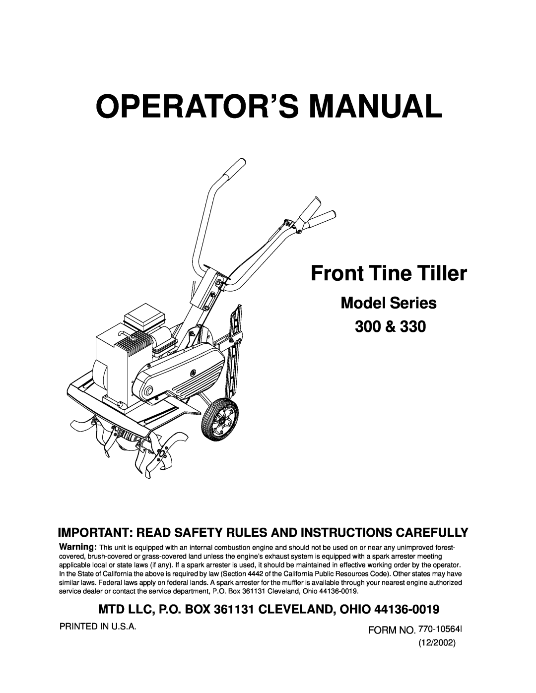 Bolens 300E, 350E manual Operator’S Manual, Front Tine Tiller, Model Series 300, MTD LLC, P.O. BOX 361131 CLEVELAND, OHIO 