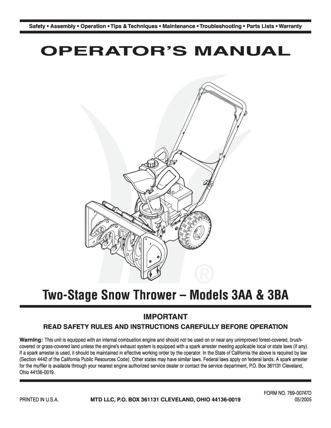Bolens warranty Operator’S Manual, Two-Stage Snow Thrower - Models 3AA & 3BA, MTD LLC, P.O. BOX 361131 CLEVELAND, OHIO 