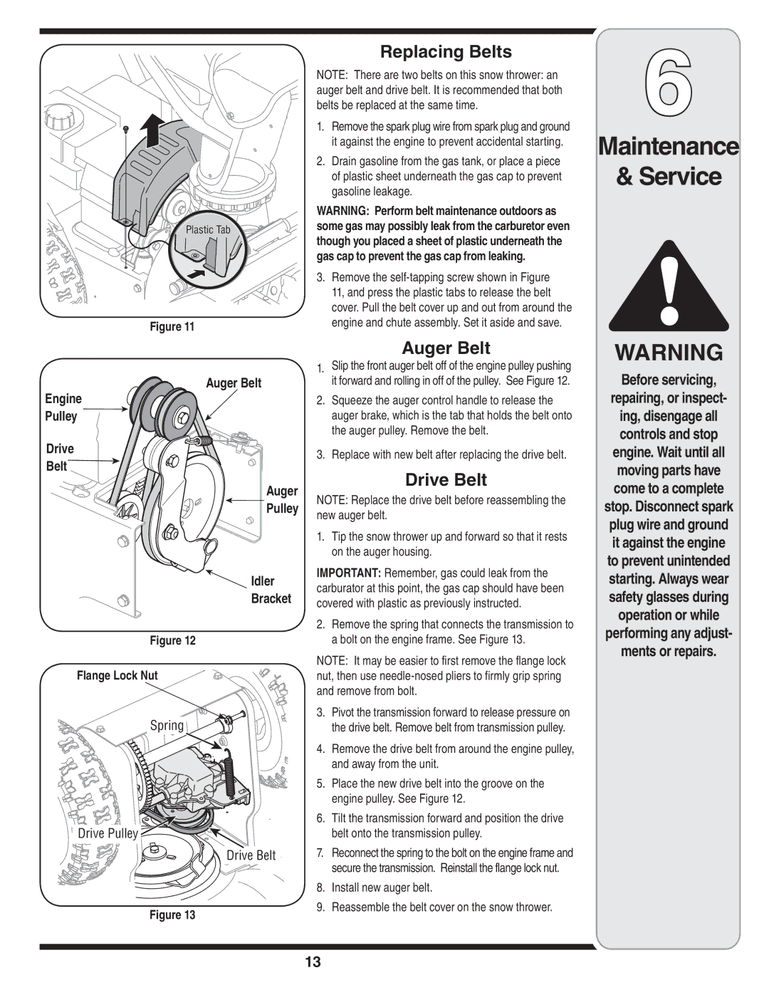 Bolens 3AA, 3BA warranty Replacing Belts, Auger Belt, Drive Belt, Before servicing Repairing, or inspect 