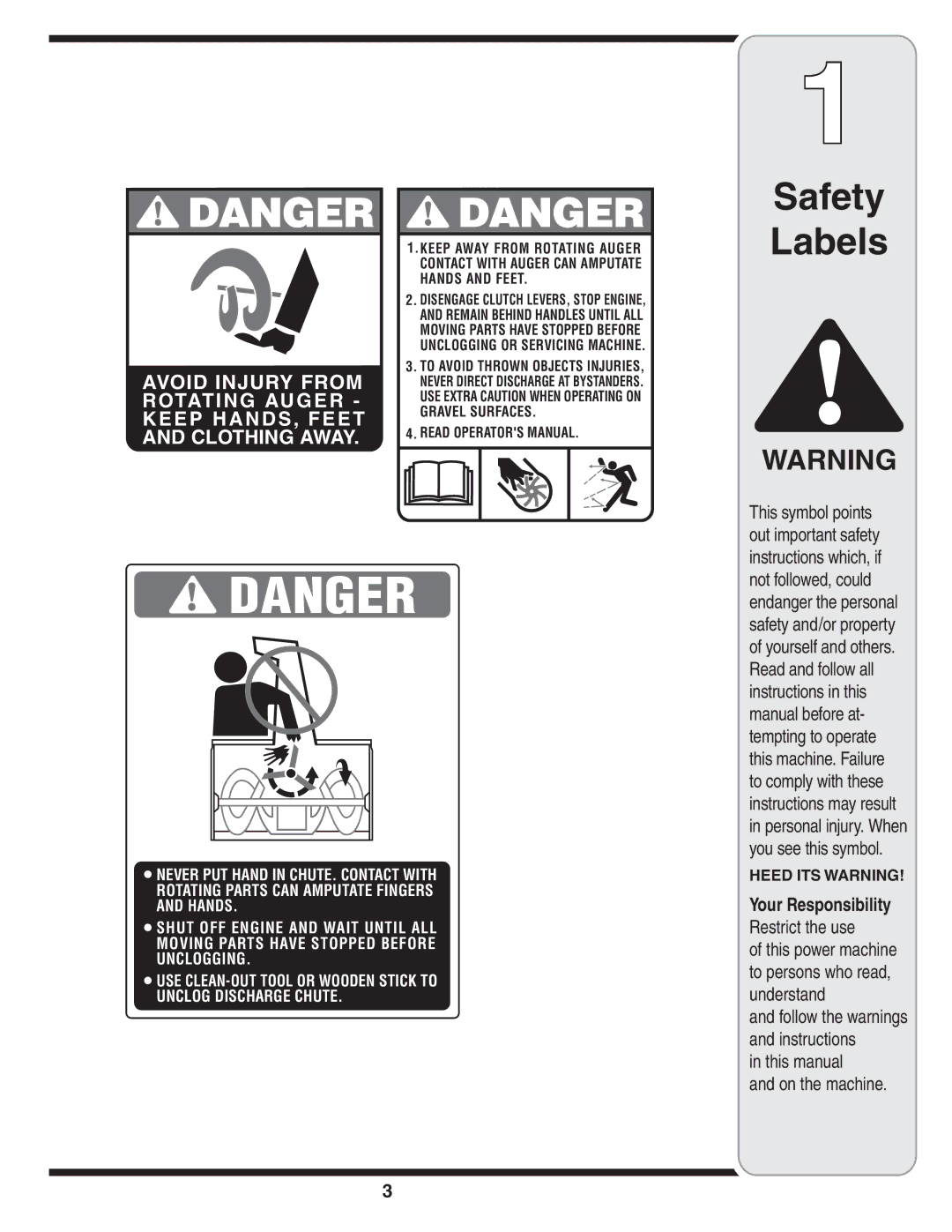 Bolens 3AA, 3BA warranty Safety Labels, Your Responsibility 