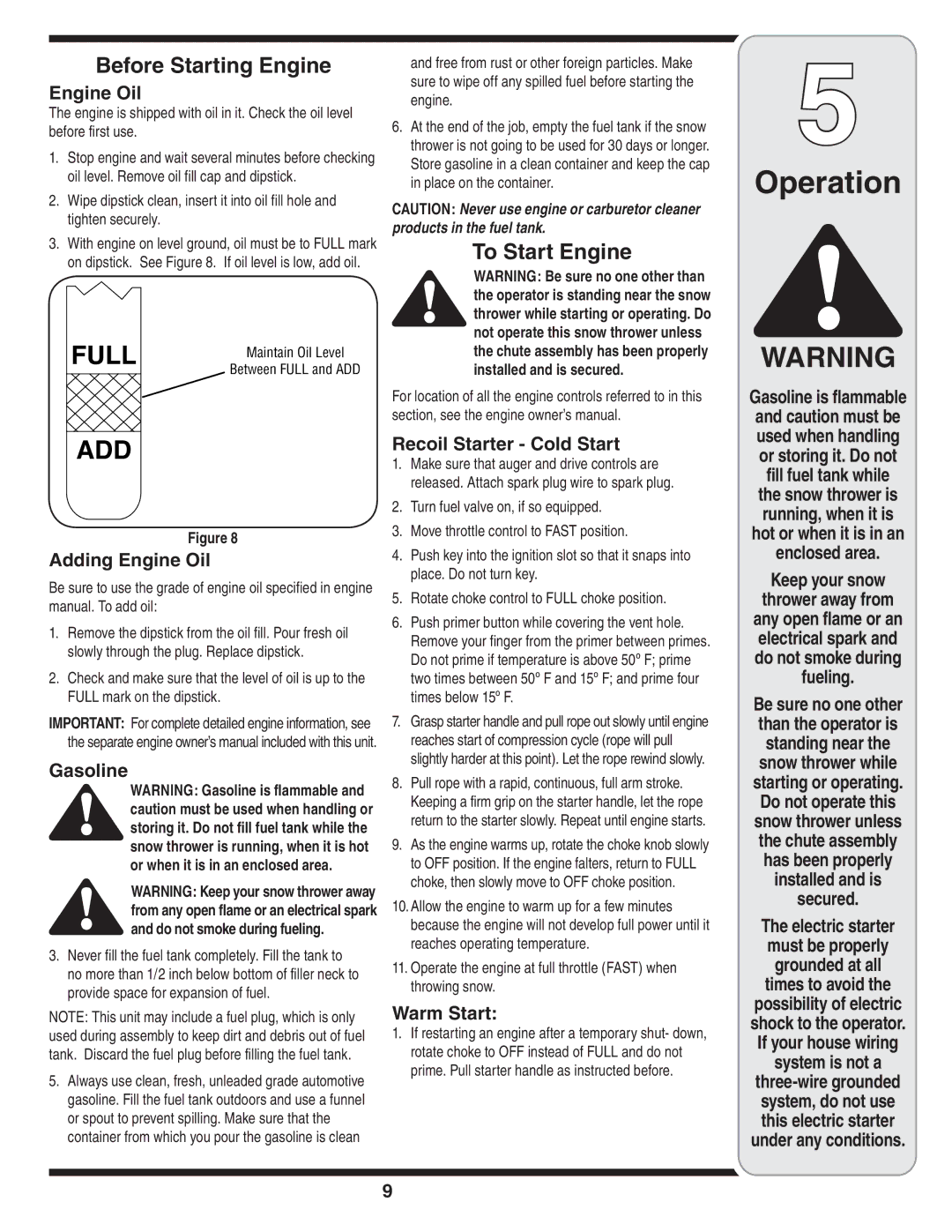 Bolens 3AA, 3BA warranty Operation, Before Starting Engine, To Start Engine 