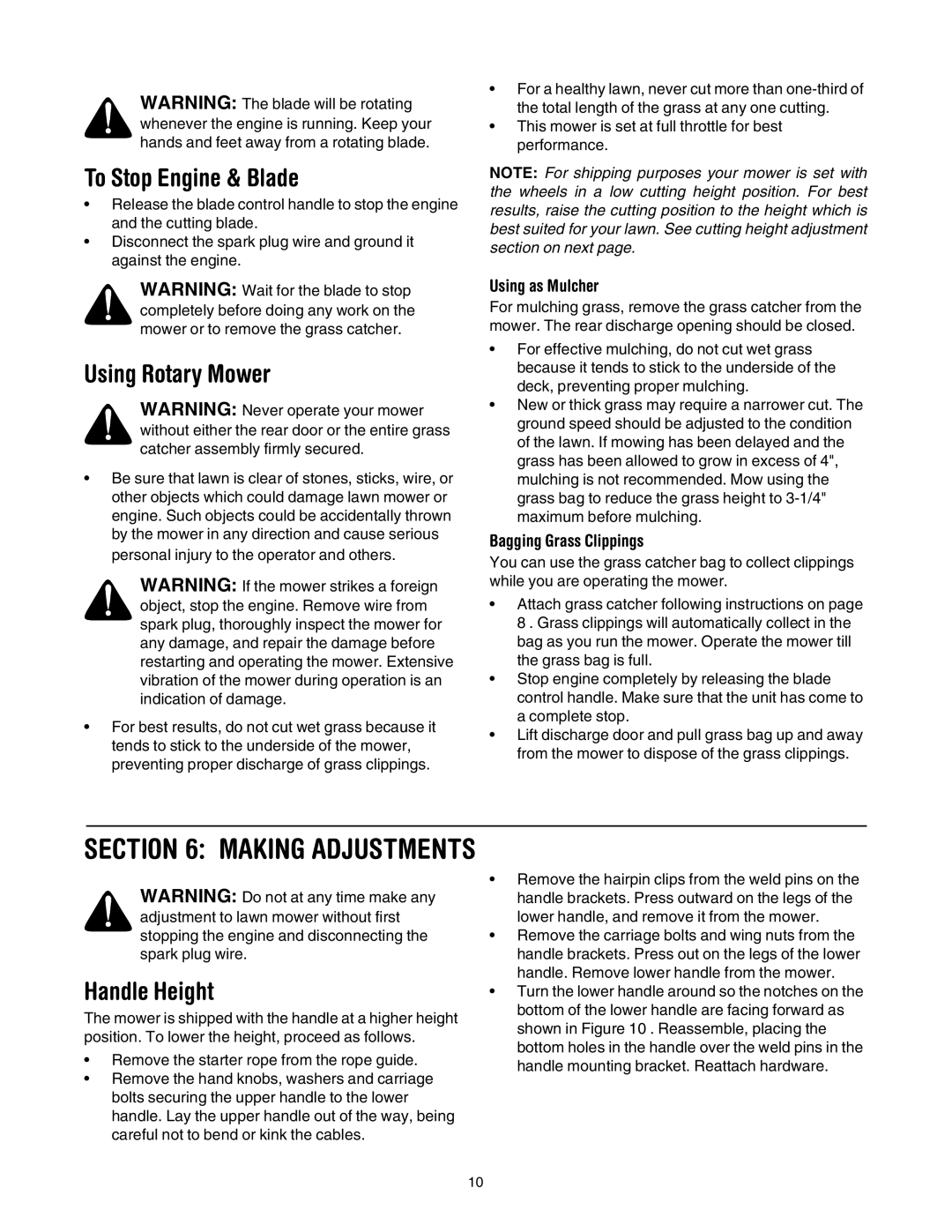 Bolens 416 manual To Stop Engine & Blade, Using Rotary Mower, Handle Height, Using as Mulcher, Bagging Grass Clippings 