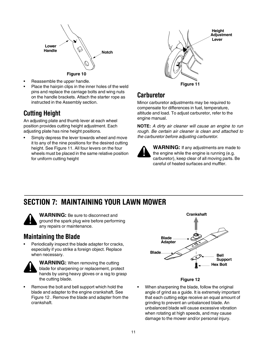 Bolens 416 manual Maintaining Your Lawn Mower, Cutting Height, Carburetor, Maintaining the Blade 