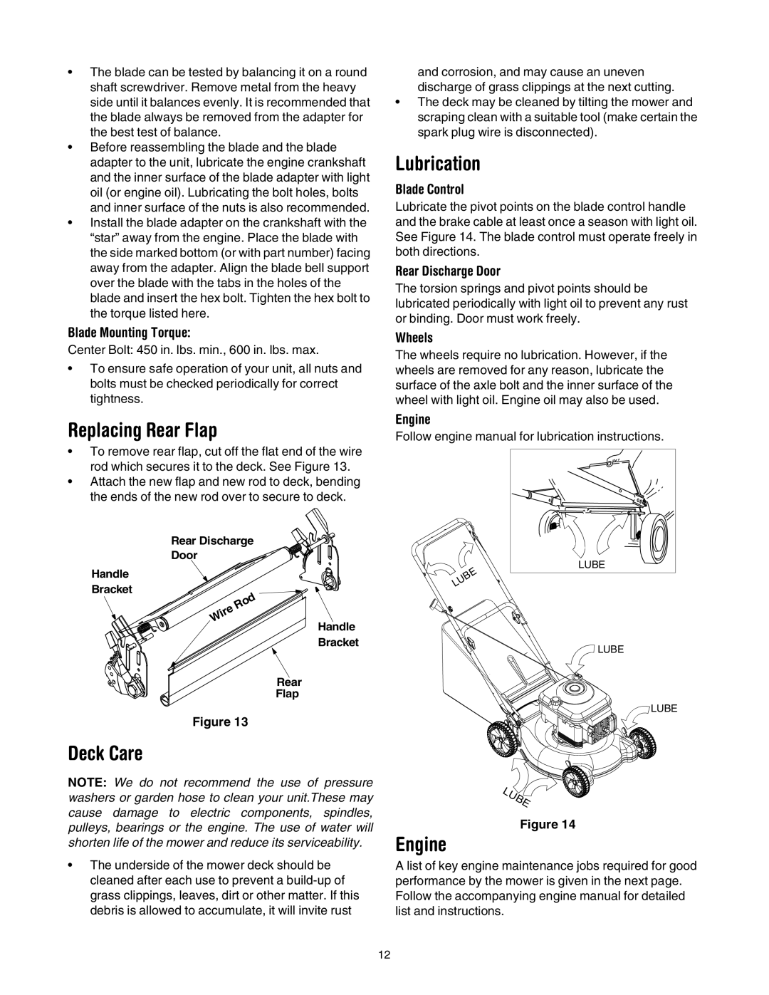 Bolens 416 manual Replacing Rear Flap, Deck Care, Lubrication, Engine 