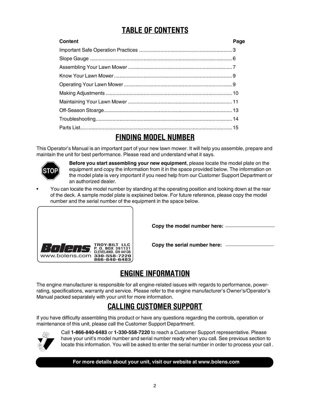 Bolens 416 manual Table of Contents 