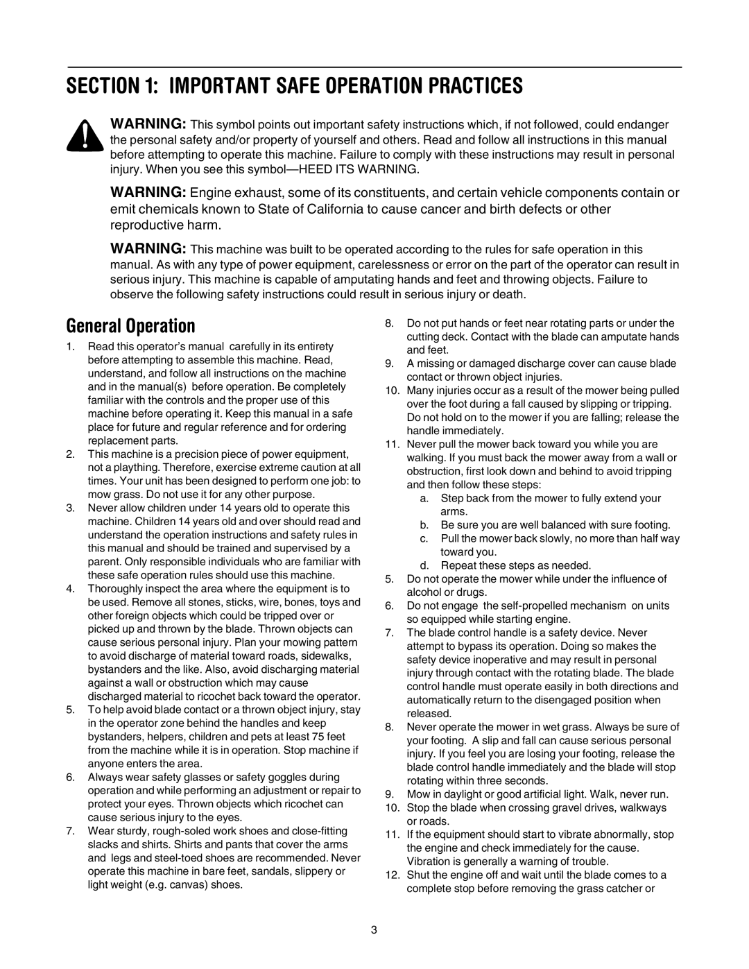 Bolens 416 manual Important Safe Operation Practices, General Operation 