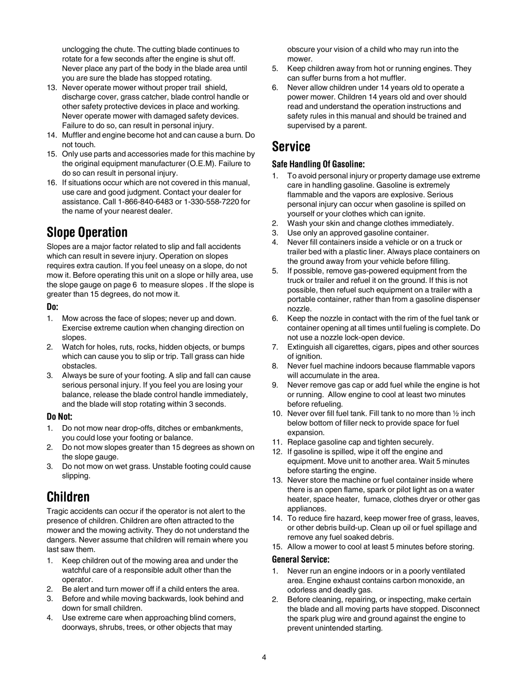 Bolens 416 manual Slope Operation, Children, Service 