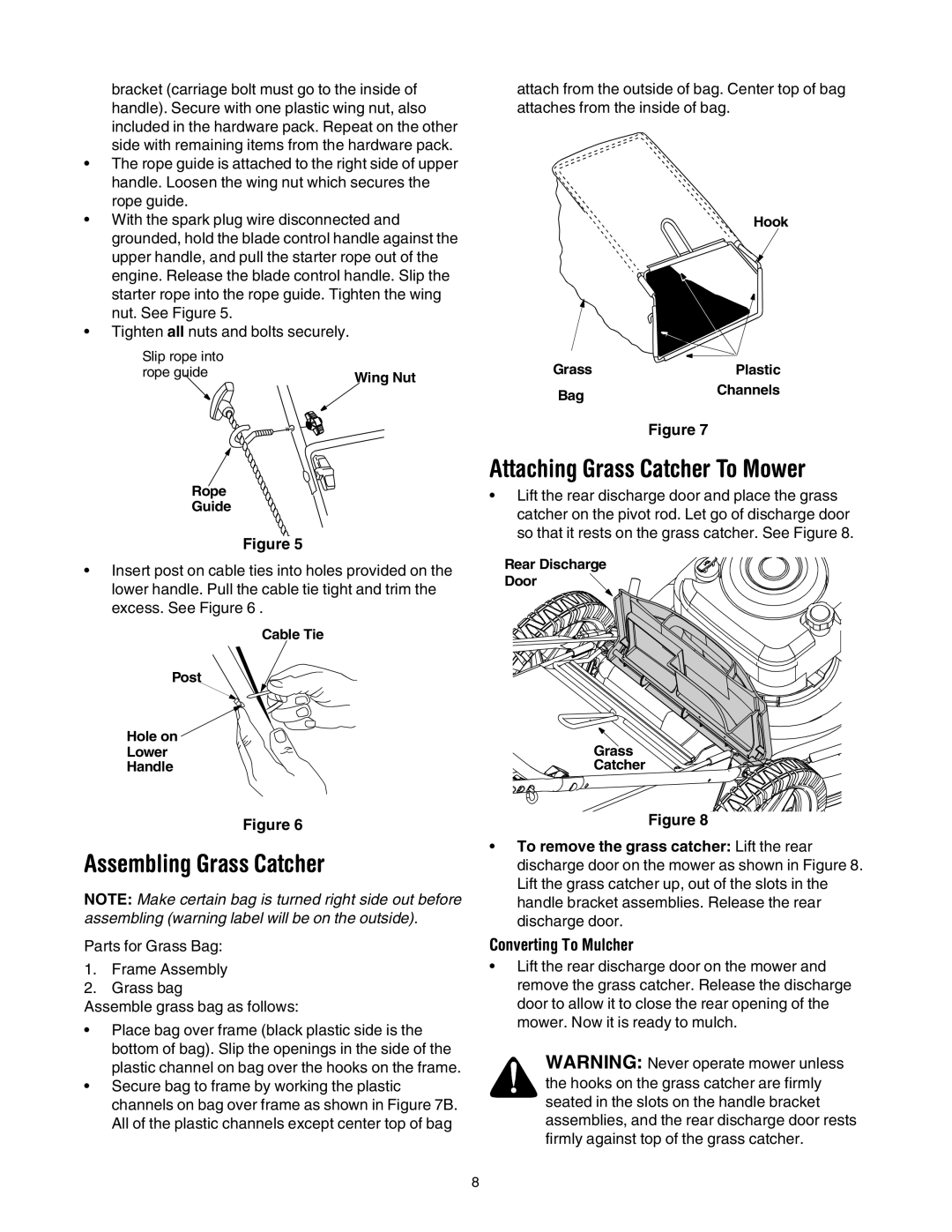 Bolens 416 manual Attaching Grass Catcher To Mower, Assembling Grass Catcher, Converting To Mulcher 