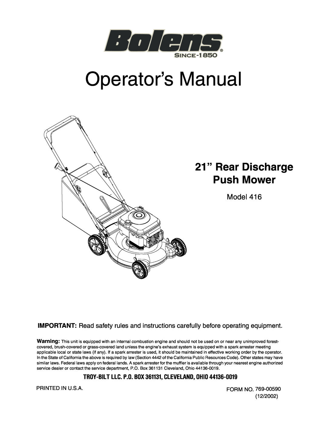 Bolens 416 manual Operator’s Manual, 21” Rear Discharge Push Mower, Model, TROY-BILT LLC. P.O. BOX 361131, CLEVELAND, OHIO 