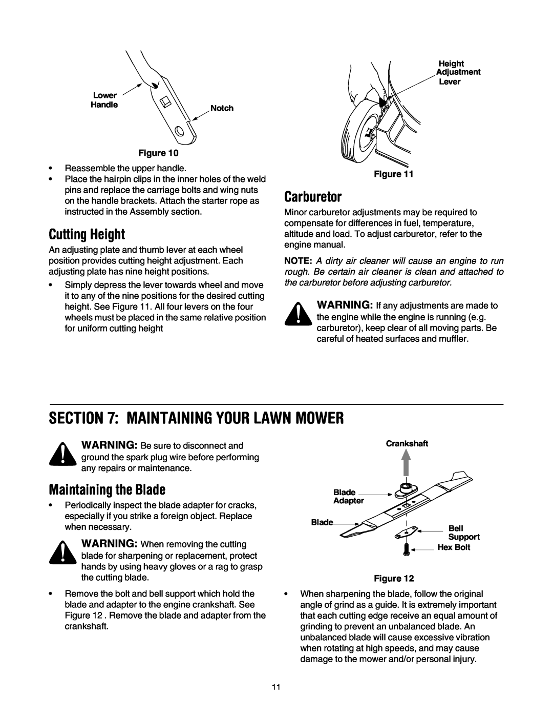 Bolens 416 manual Maintaining Your Lawn Mower, Cutting Height, Carburetor, Maintaining the Blade 
