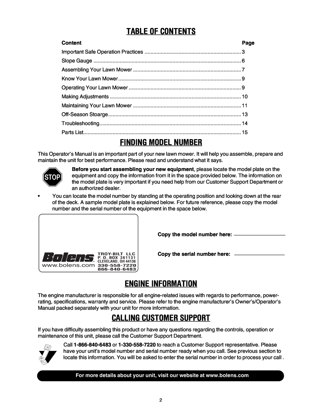 Bolens 416 manual Table Of Contents, Finding Model Number, Engine Information, Calling Customer Support 