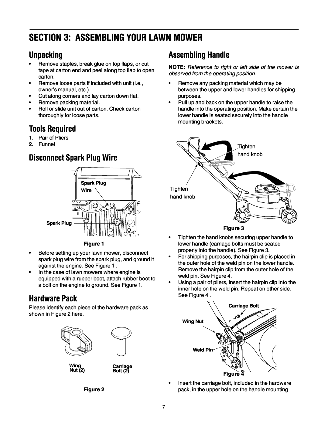 Bolens 416 manual Assembling Your Lawn Mower, Unpacking, Assembling Handle, Tools Required, Disconnect Spark Plug Wire 