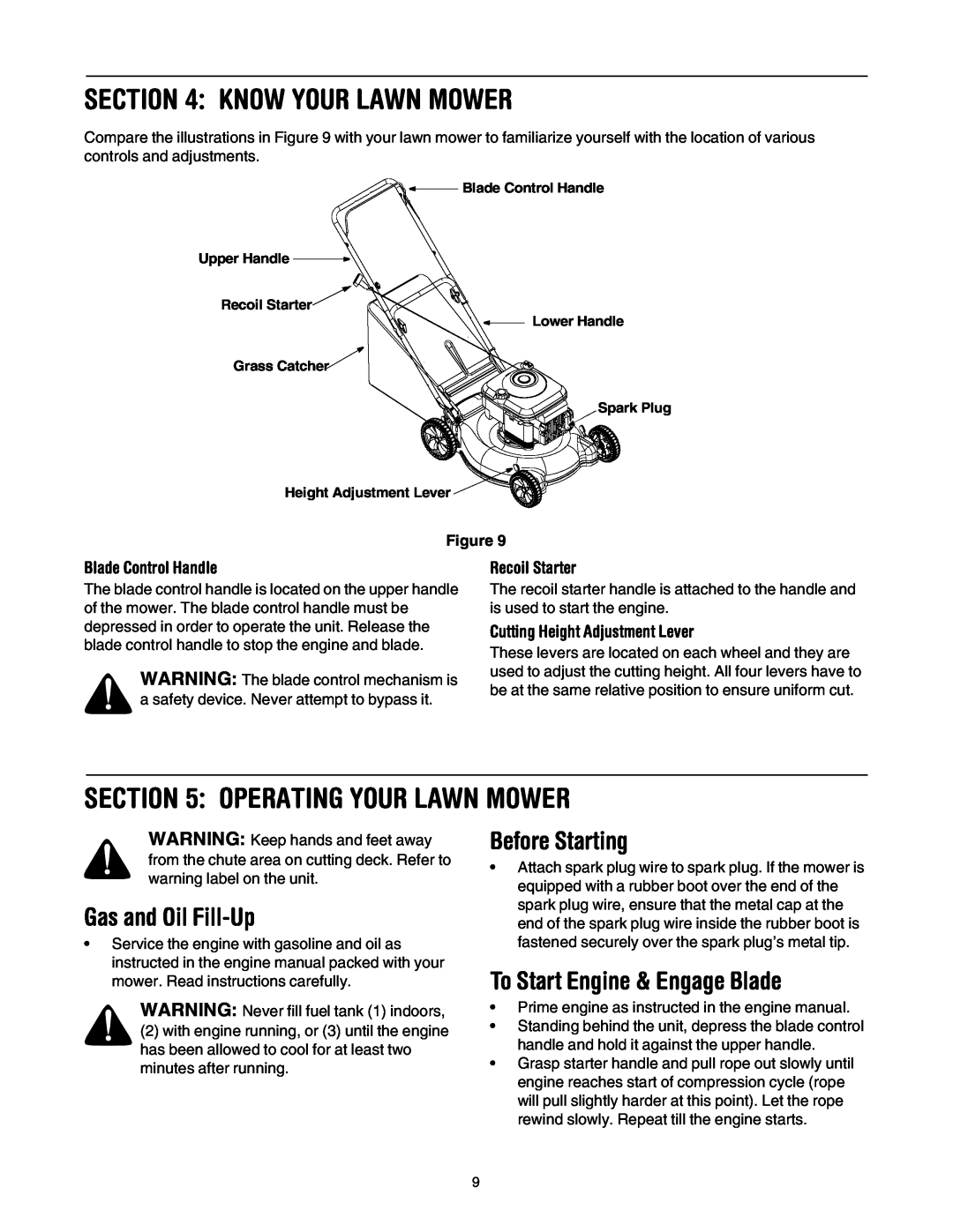 Bolens 416 Know Your Lawn Mower, Operating Your Lawn Mower, Gas and Oil Fill-Up, Before Starting, Blade Control Handle 