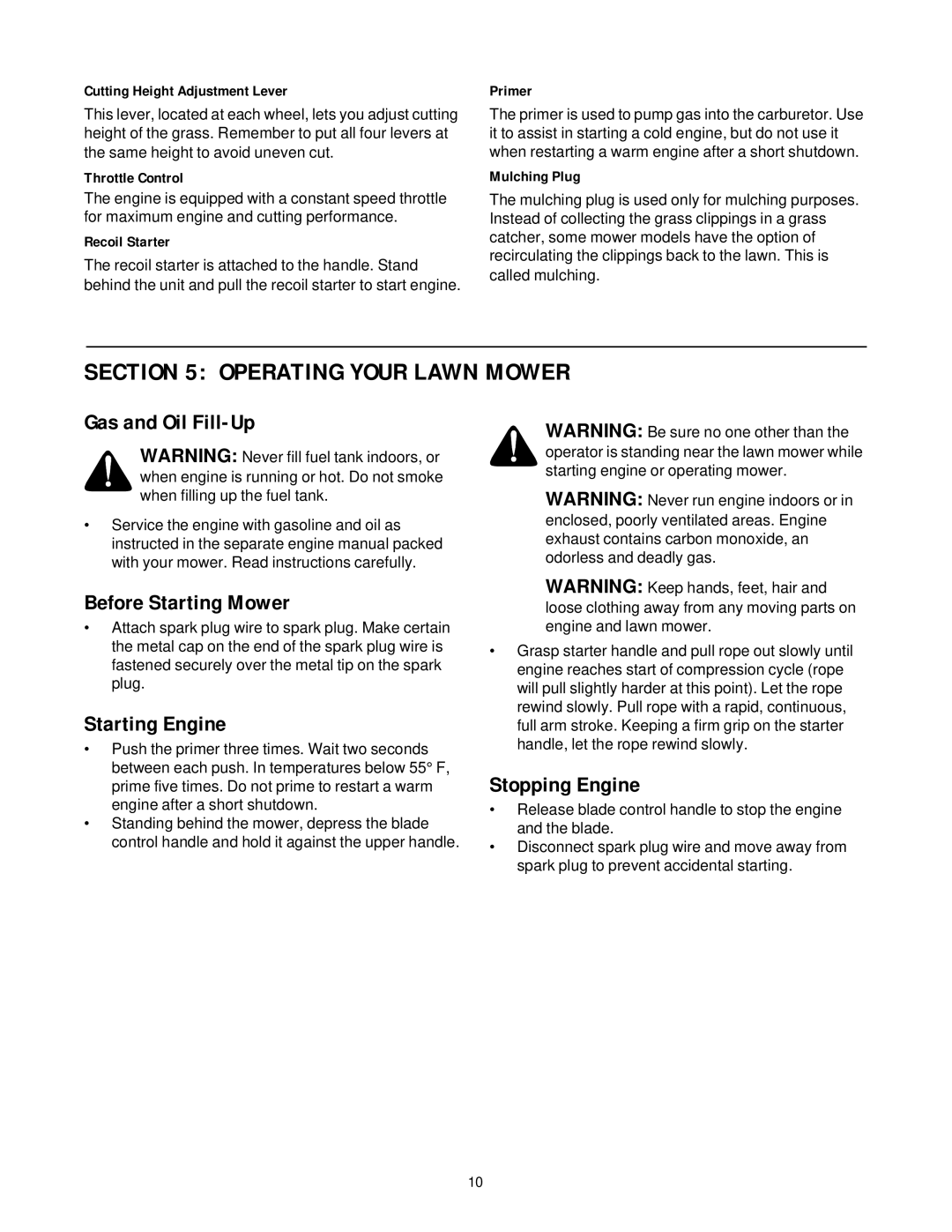 Bolens 436 manual Operating Your Lawn Mower, Gas and Oil Fill-Up, Before Starting Mower, Starting Engine, Stopping Engine 