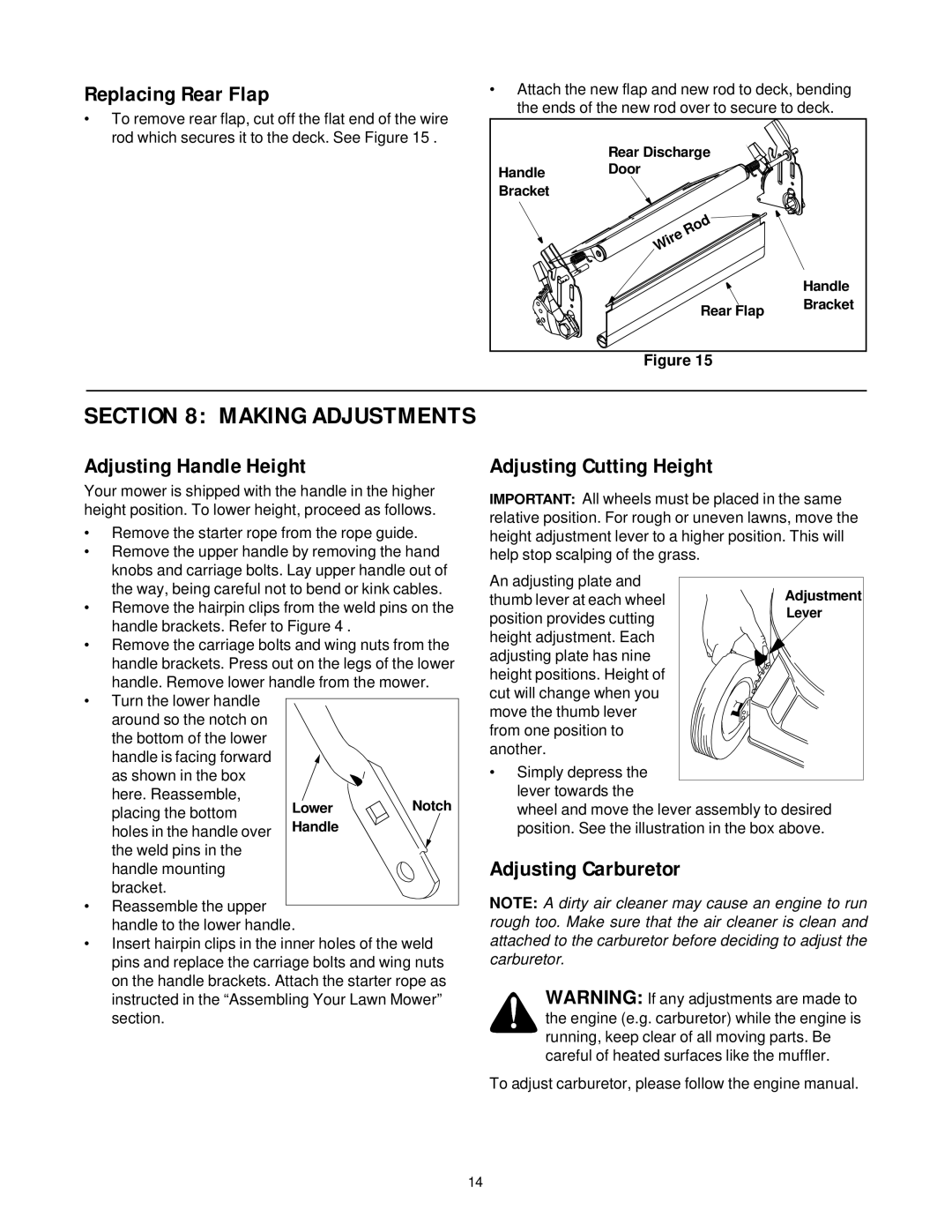 Bolens 436 manual Making Adjustments, Replacing Rear Flap, Adjusting Handle Height, Adjusting Carburetor 