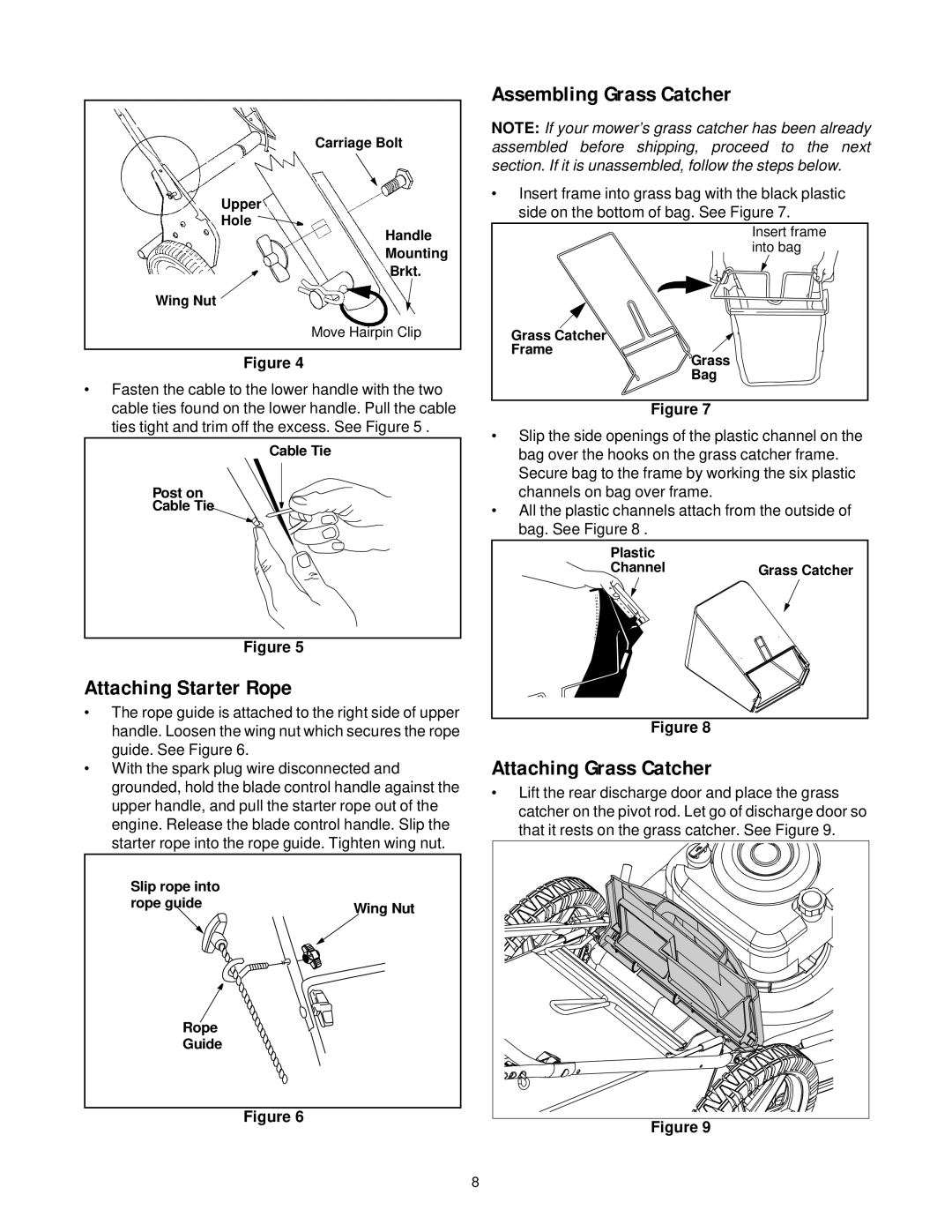 Bolens 436 manual Attaching Starter Rope, Assembling Grass Catcher, Attaching Grass Catcher 