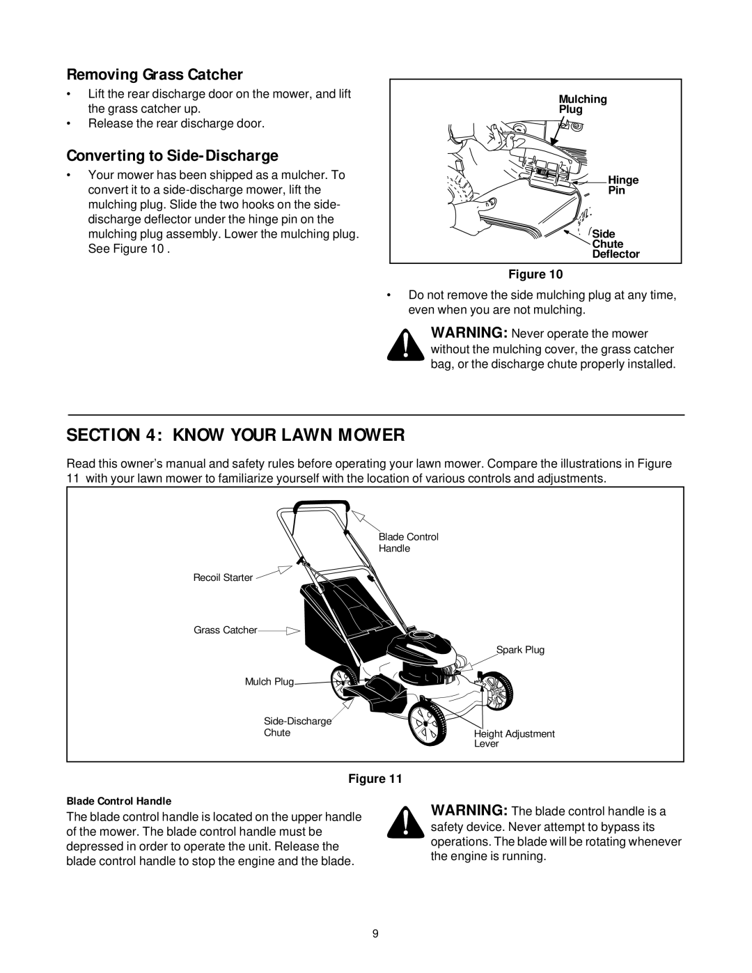 Bolens 436 manual Know Your Lawn Mower, Removing Grass Catcher, Converting to Side-Discharge, Blade Control Handle 