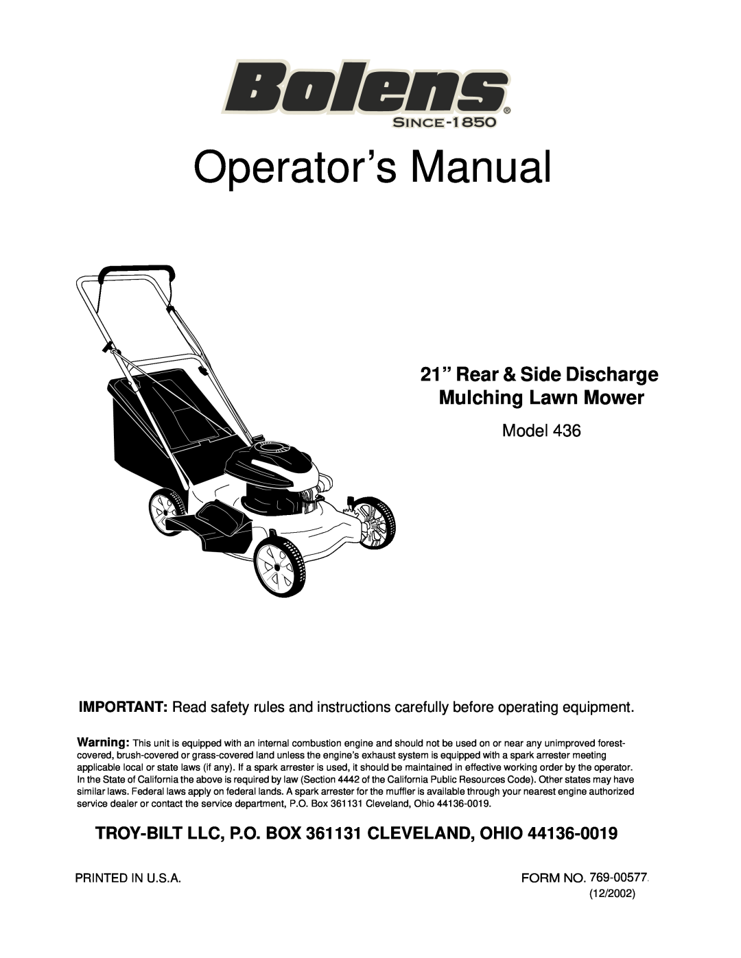 Bolens 436 manual Operator’s Manual, 21” Rear & Side Discharge Mulching Lawn Mower, Model 