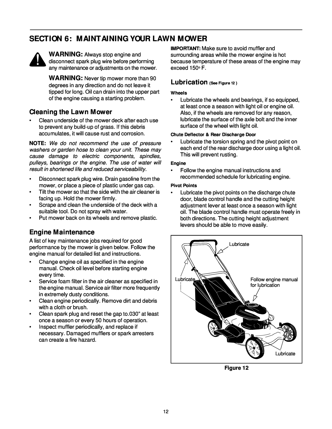 Bolens 436 manual Maintaining Your Lawn Mower, Cleaning the Lawn Mower, Engine Maintenance, Wheels, Pivot Points 