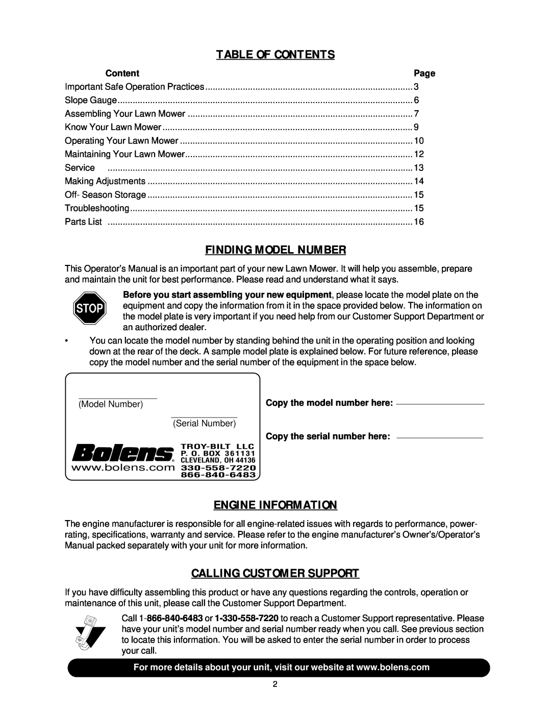 Bolens 436 manual Table Of Contents, Finding Model Number, Engine Information, Calling Customer Support 