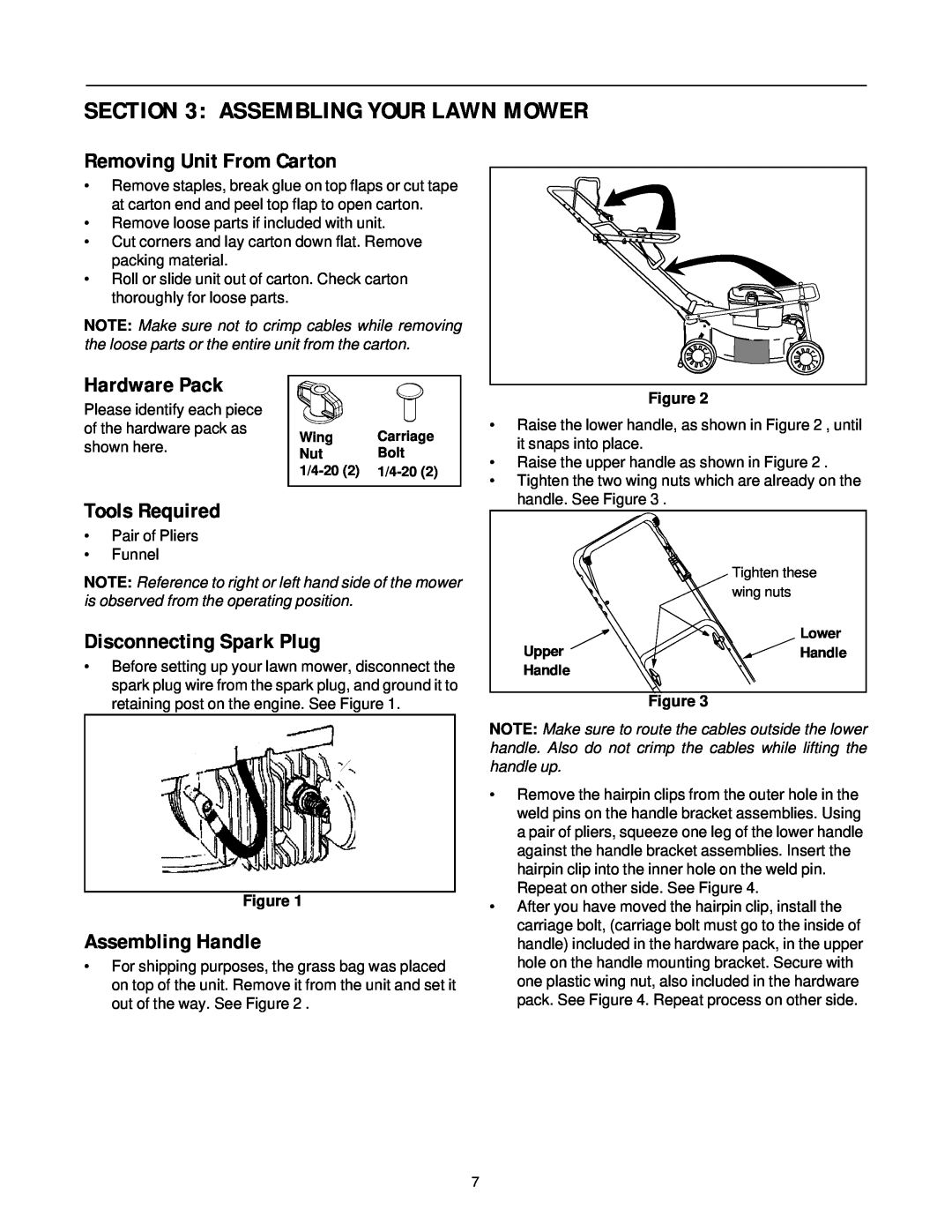 Bolens 436 Assembling Your Lawn Mower, Removing Unit From Carton, Hardware Pack, Tools Required, Disconnecting Spark Plug 