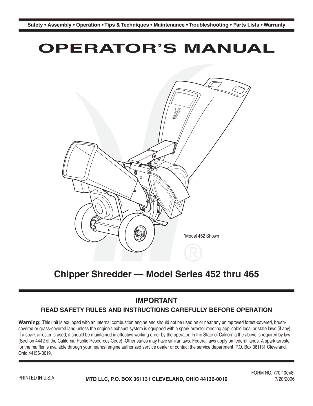 Bolens 452 Thru 465 warranty Chipper Shredder Model Series 452 thru, MTD LLC, P.O. BOX 361131 CLEVELAND, Ohio 