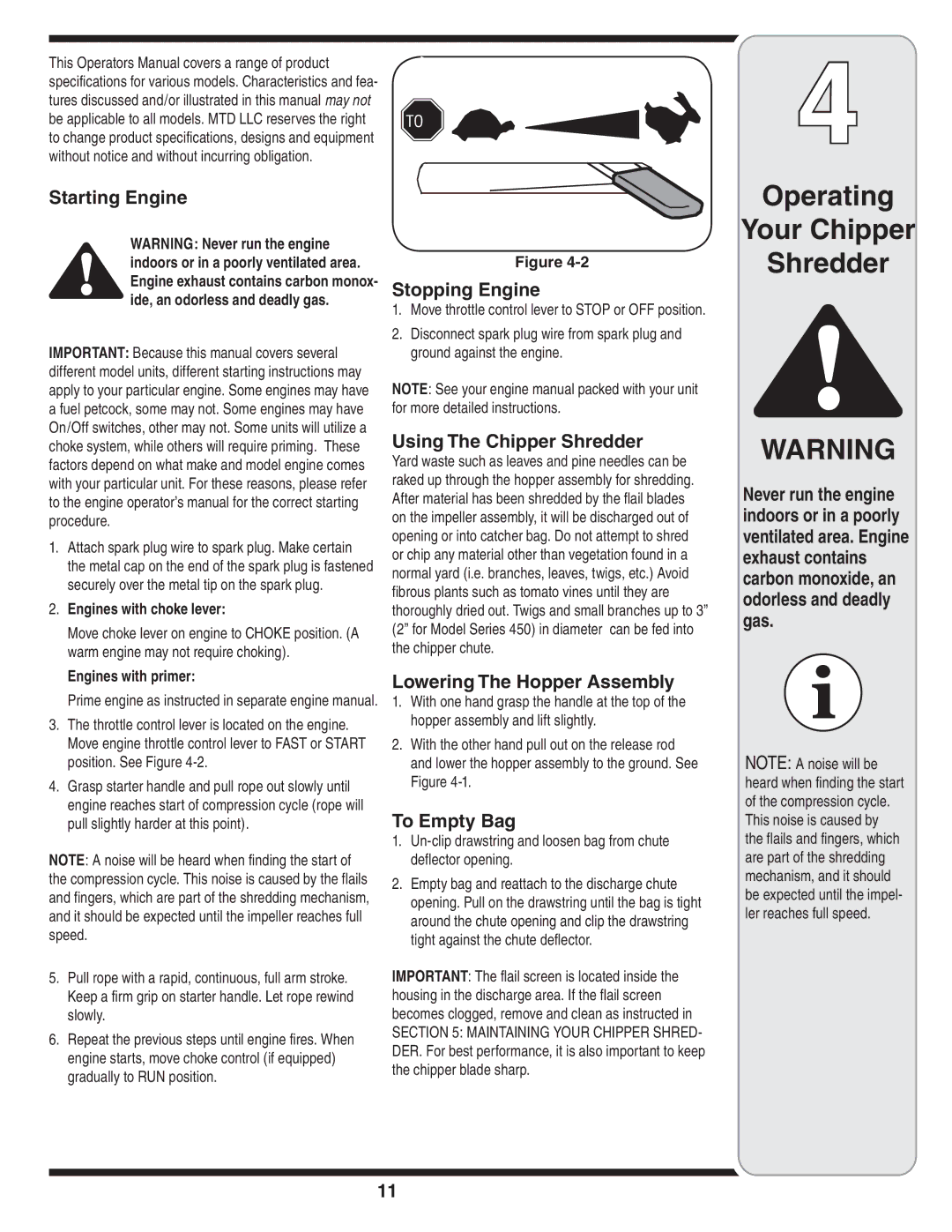 Bolens 452 Thru 465 warranty Operating Your Chipper 