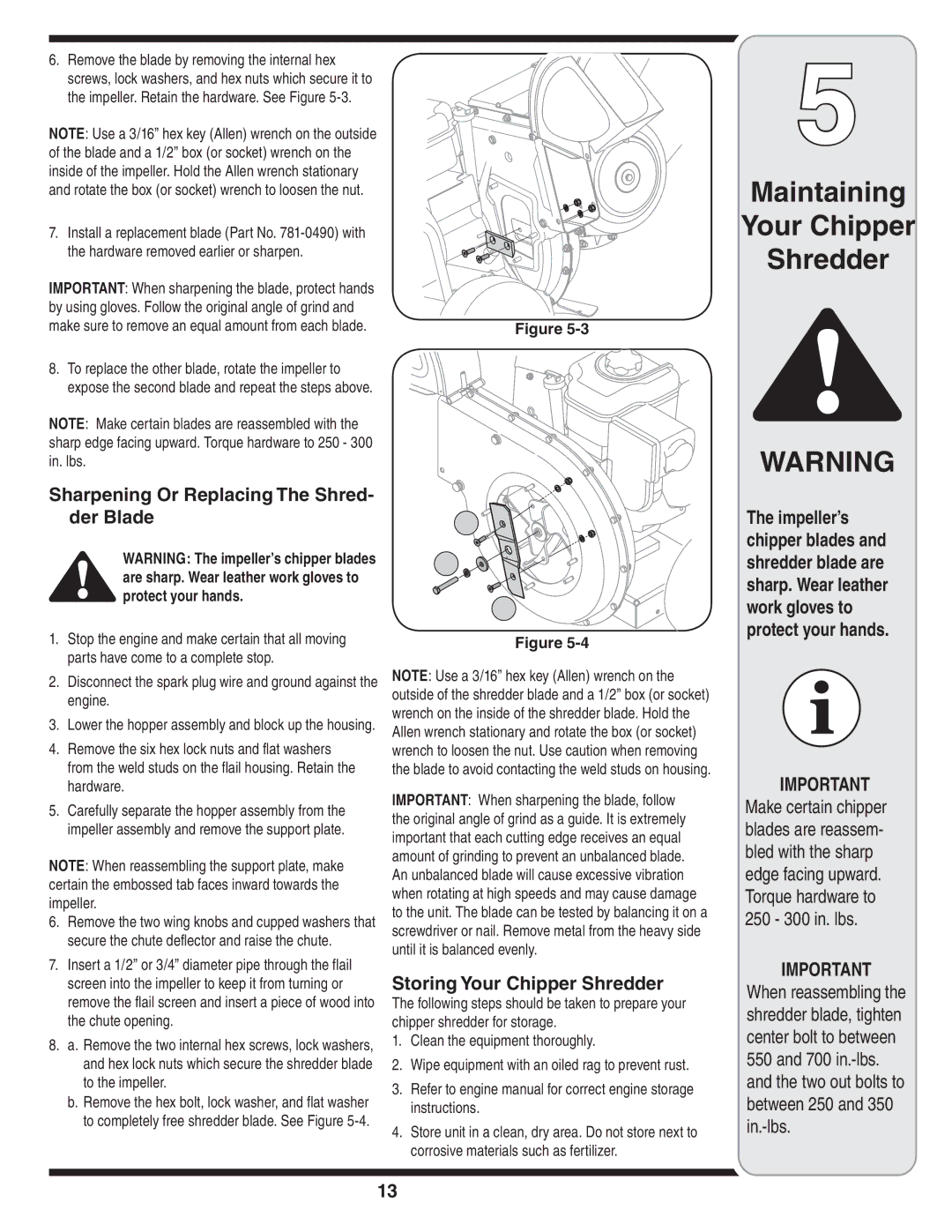 Bolens 452 Thru 465 warranty Sharpening Or Replacing The Shred- der Blade, Storing Your Chipper Shredder 