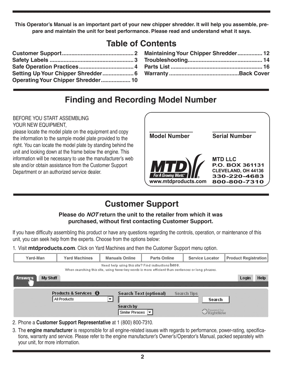 Bolens 452 Thru 465 warranty Table of Contents, Finding and Recording Model Number, Customer Support 