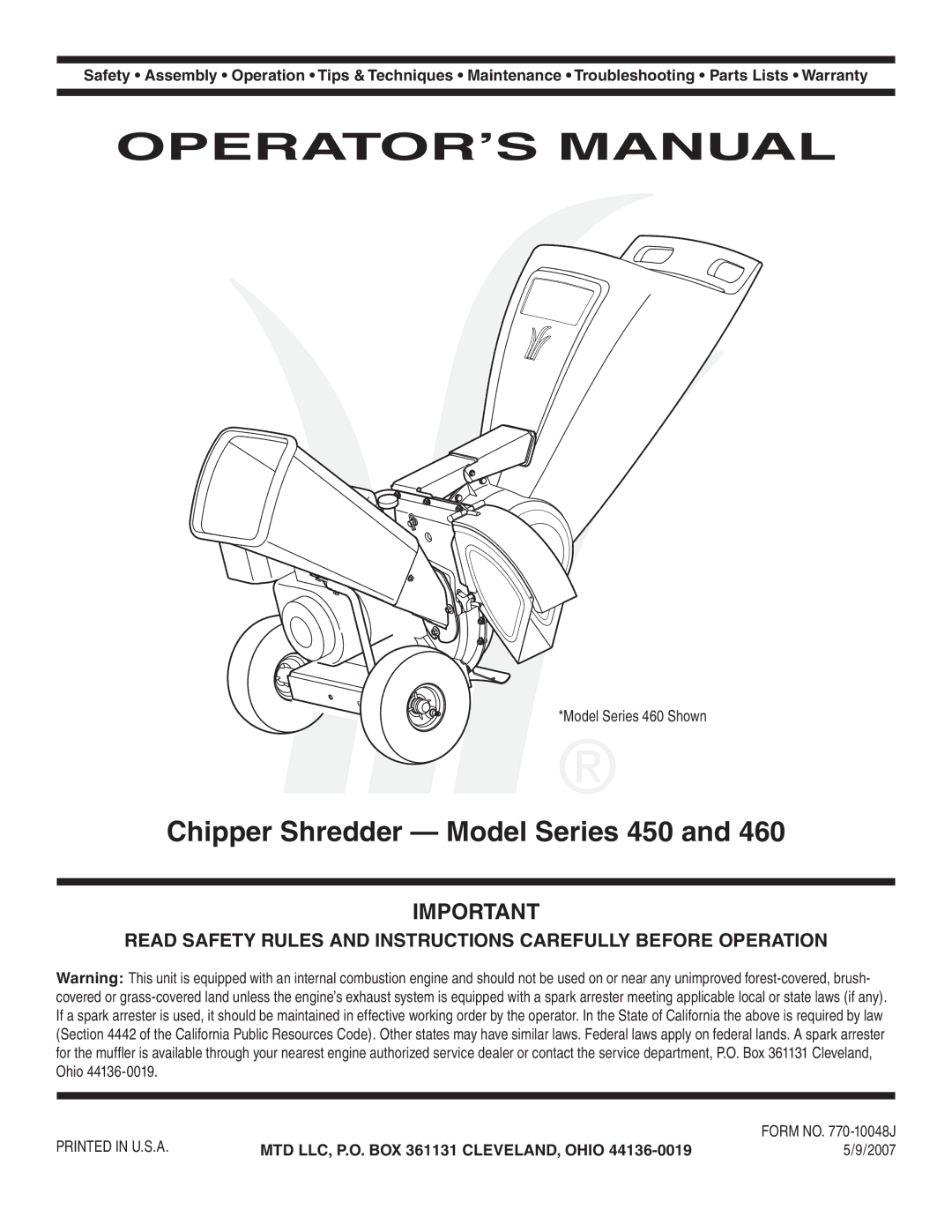 Bolens 450 Series, 460 Series warranty Chipper Shredder Model Series 450, MTD LLC, P.O. BOX 361131 CLEVELAND, Ohio 