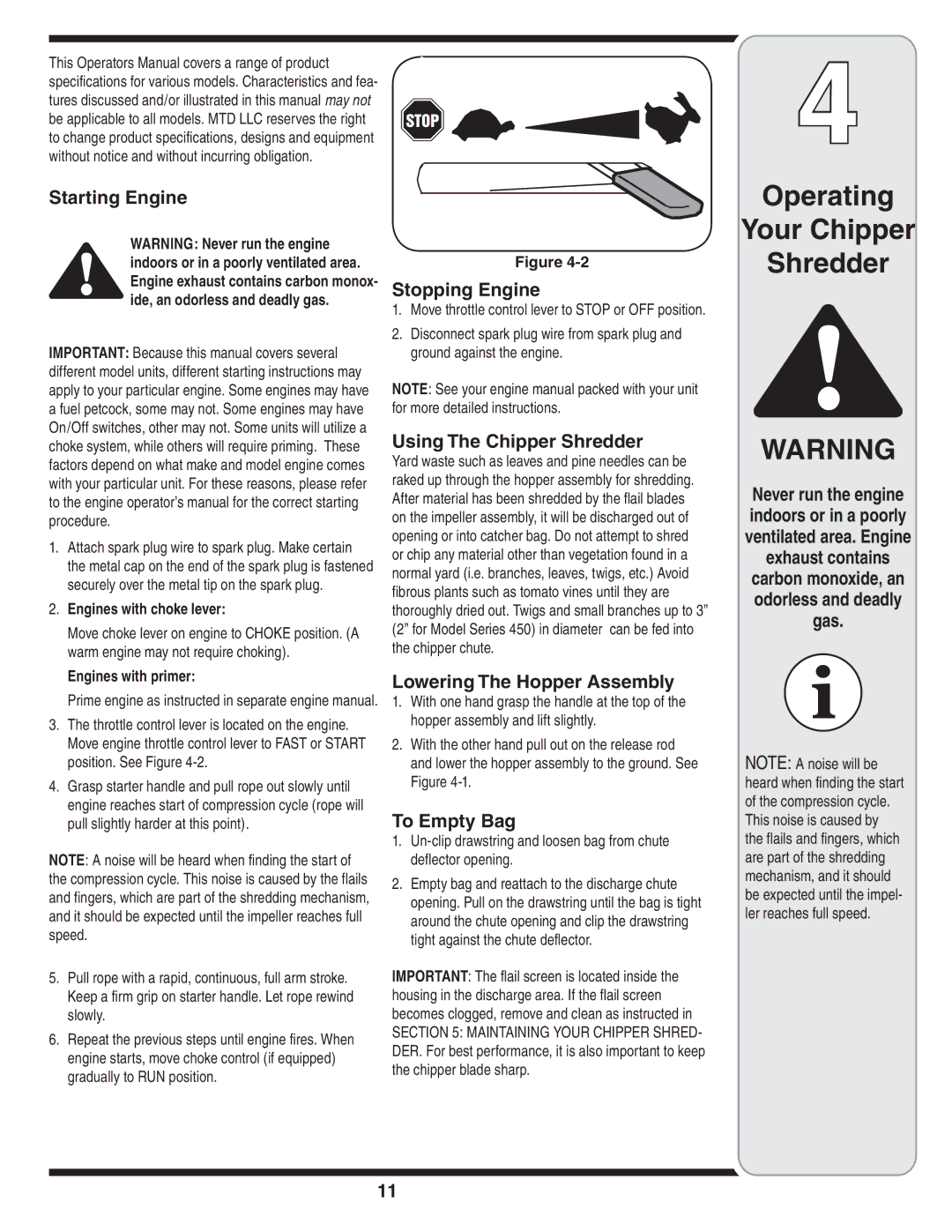 Bolens 450 Series, 460 Series warranty Operating Your Chipper 