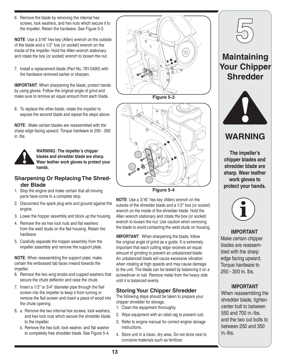 Bolens 450 Series, 460 Series Sharpening Or Replacing The Shred- der Blade, Storing Your Chipper Shredder, Impeller’s 