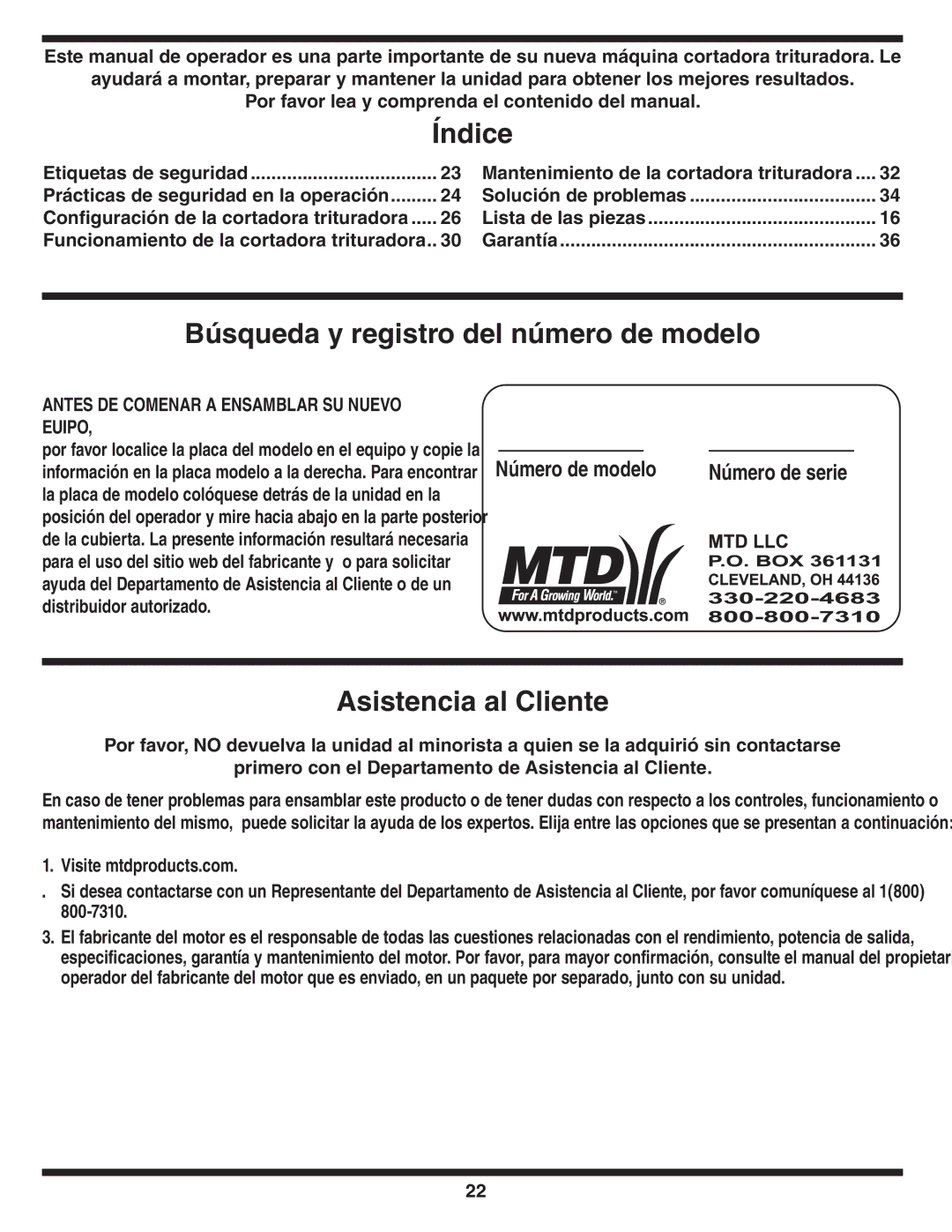 Bolens 460 Series, 450 Series warranty Índice, Búsqueda y registro del número de modelo, Asistencia al Cliente 